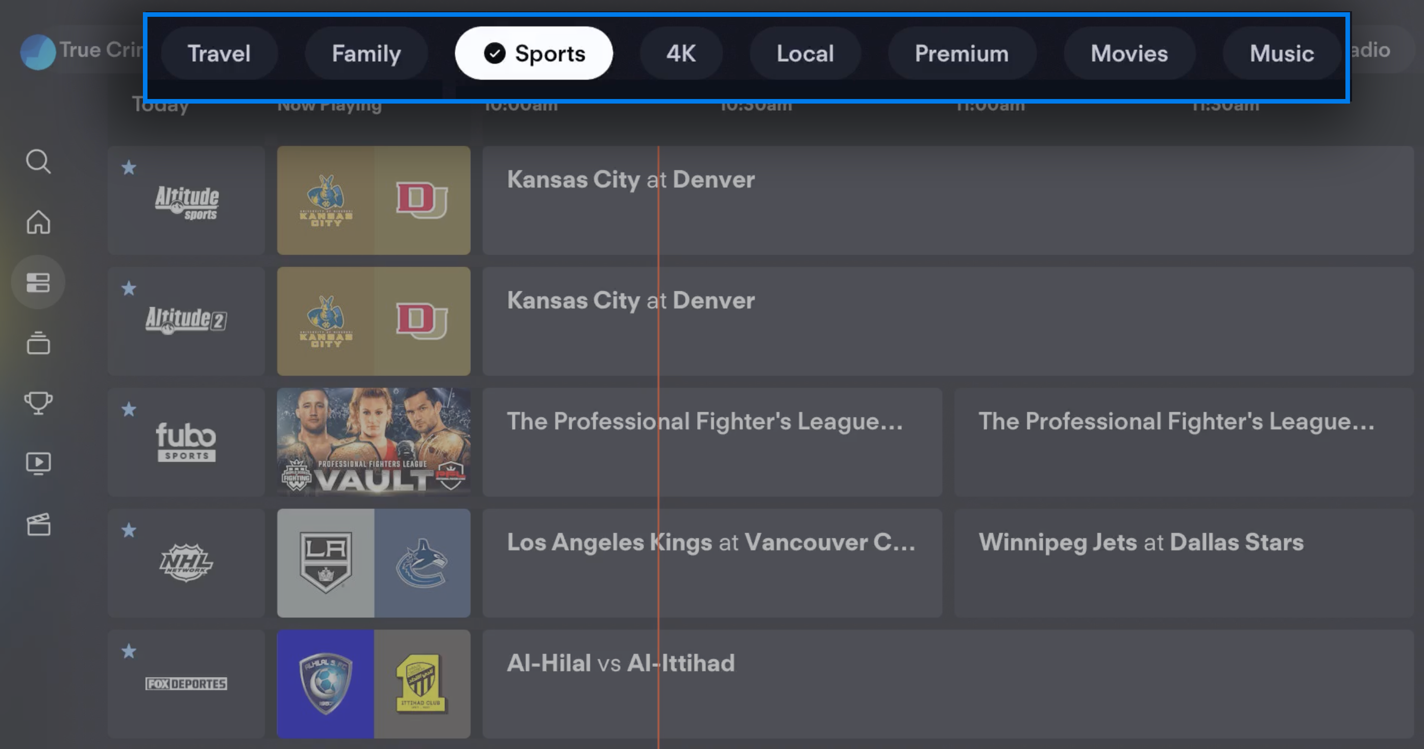 The FuboTV channel guide on a browser with the Sports filter selected