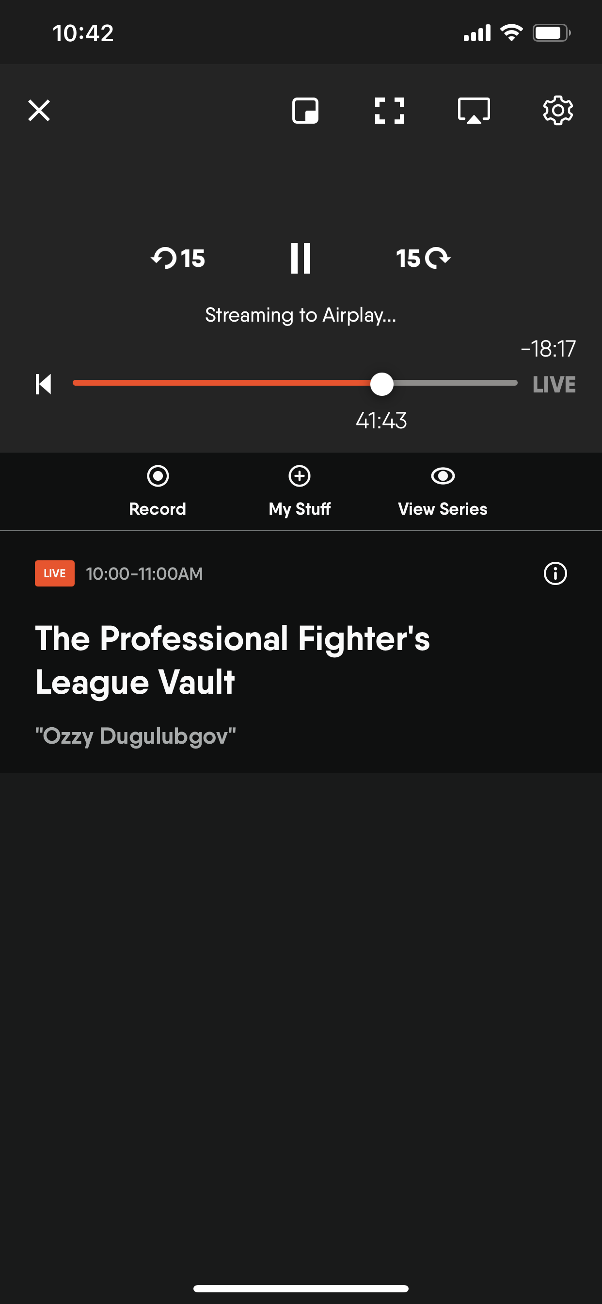 Fubo app on an iPhone with AirPlay activated; video player screen reads Streaming to AirPlay