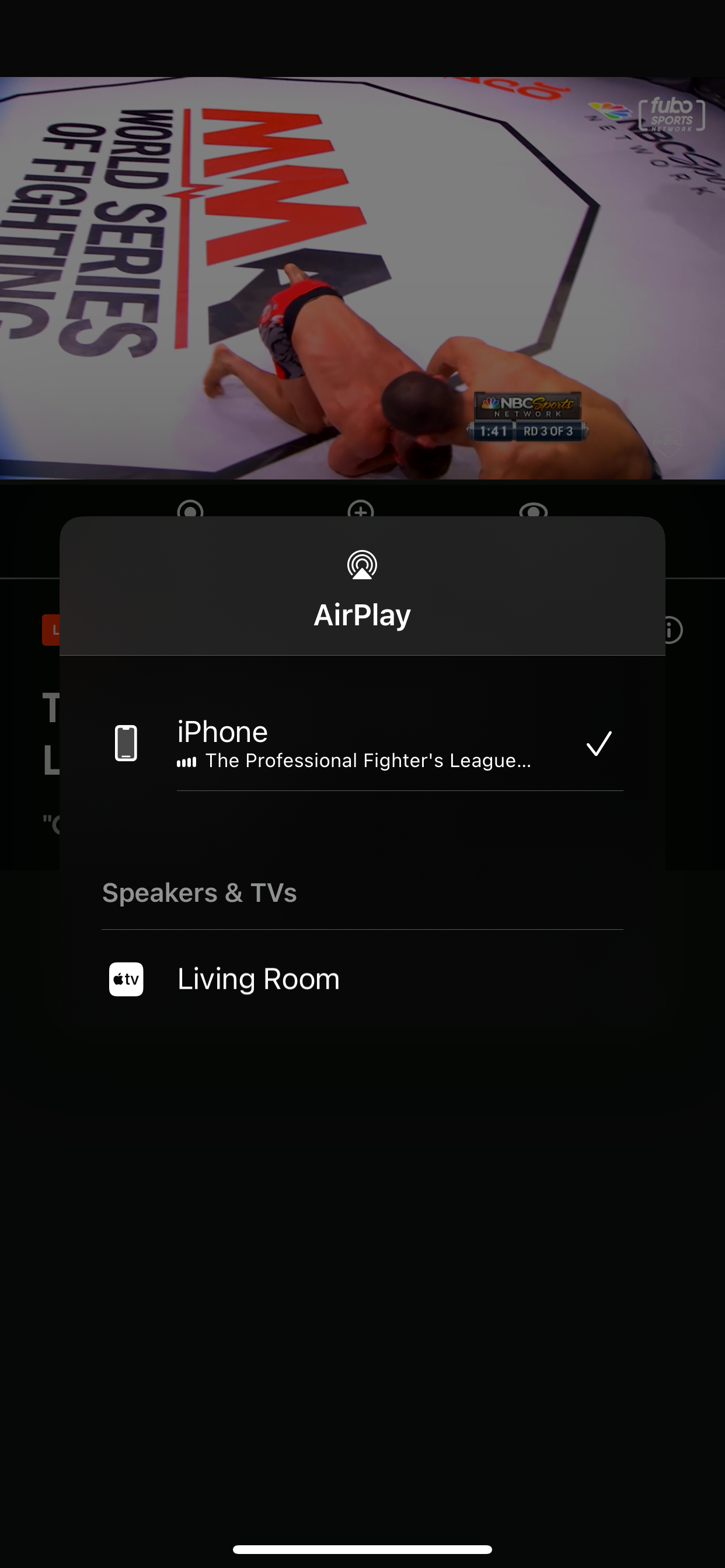 FuboTV app on an iPhone with AirPlay popup menu activated