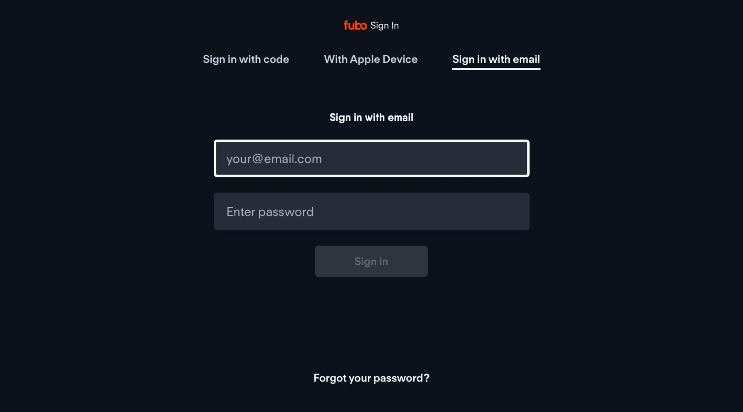 Sign in screen for the FuboTV app on Xbox with email and password fields shown