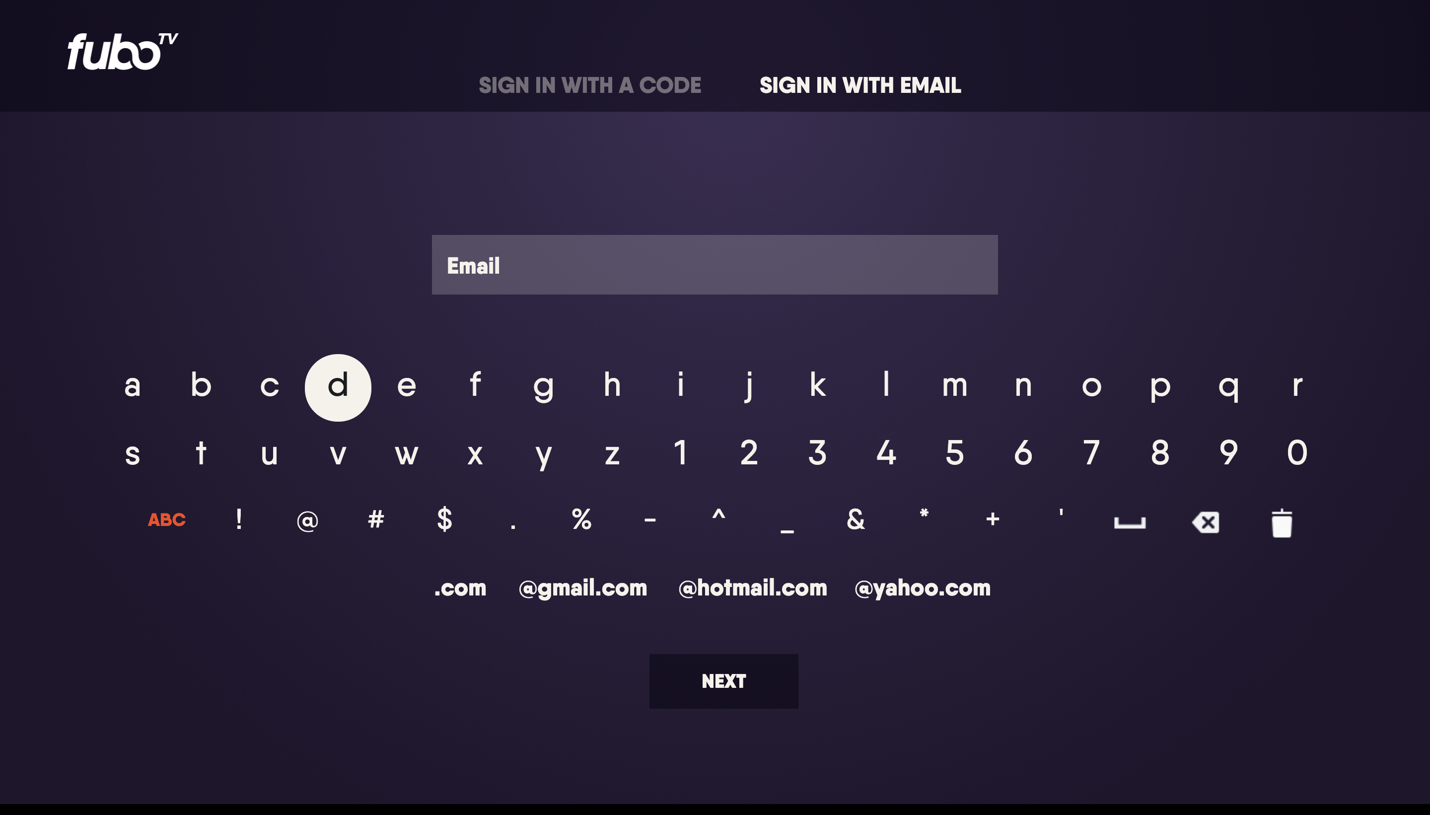 On-screen keyboard to sign in to the Fubo app on Samsung TV using the remote