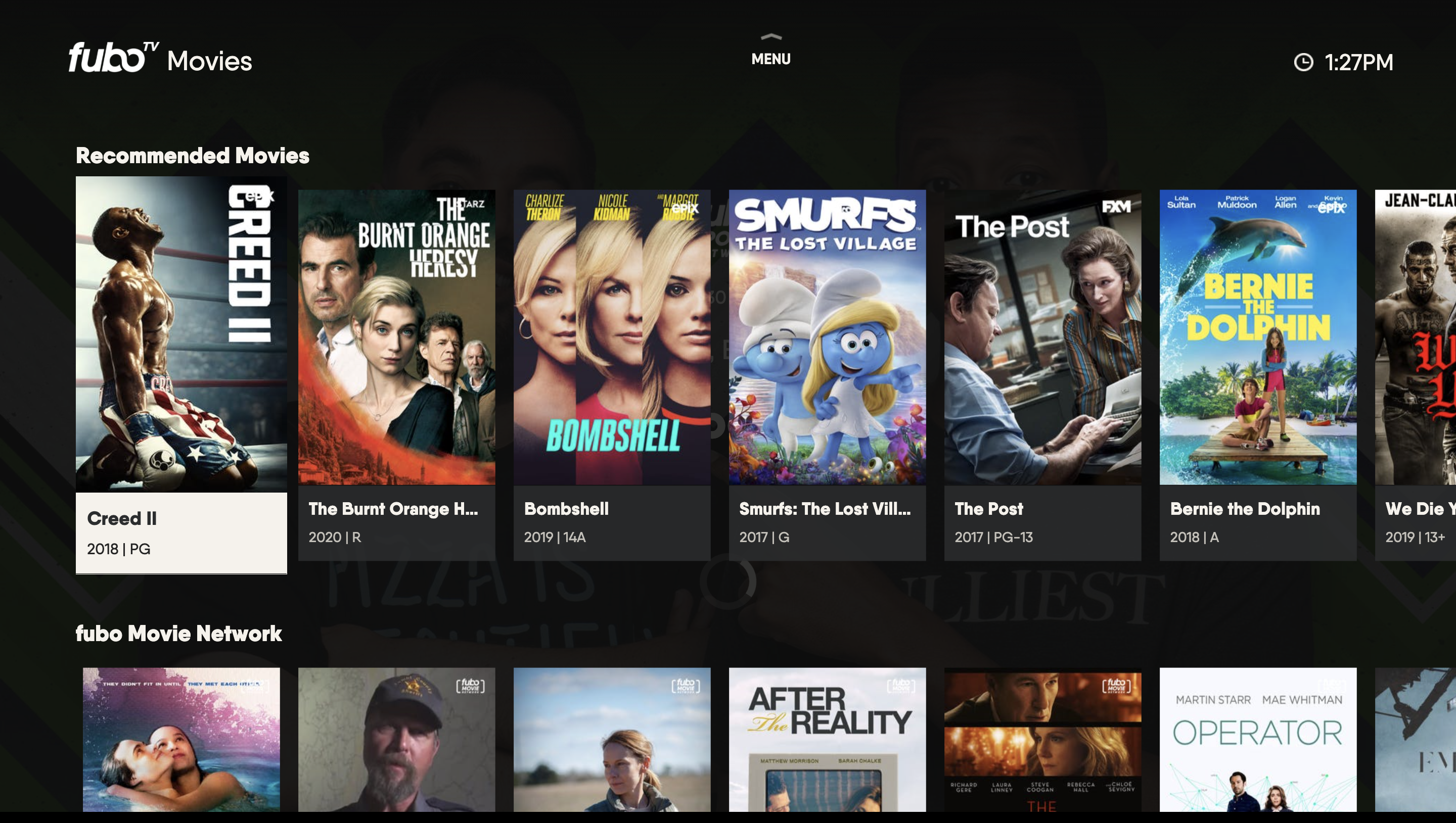 MOVIES screen of the Fubo app on Samsung TV