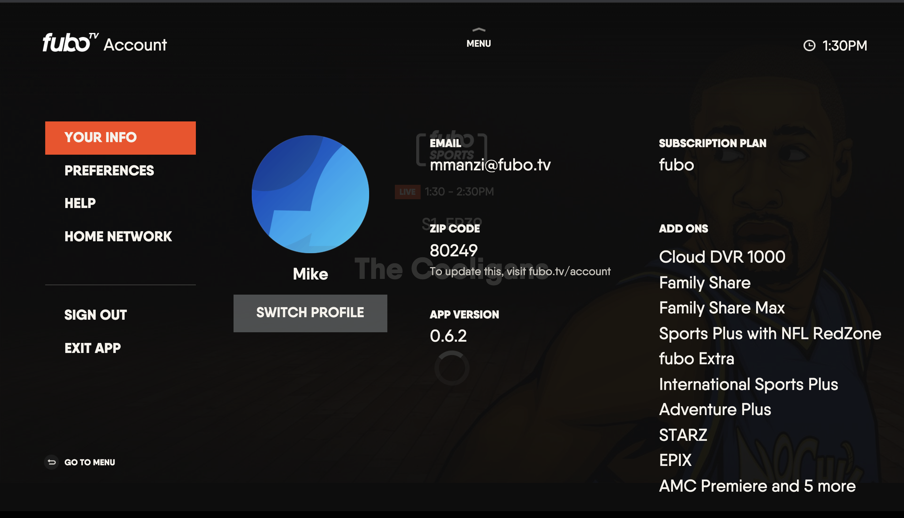 ACCOUNT screen of the Fubo app on Samsung TV, accessible by selecting the profile icon in the top menu