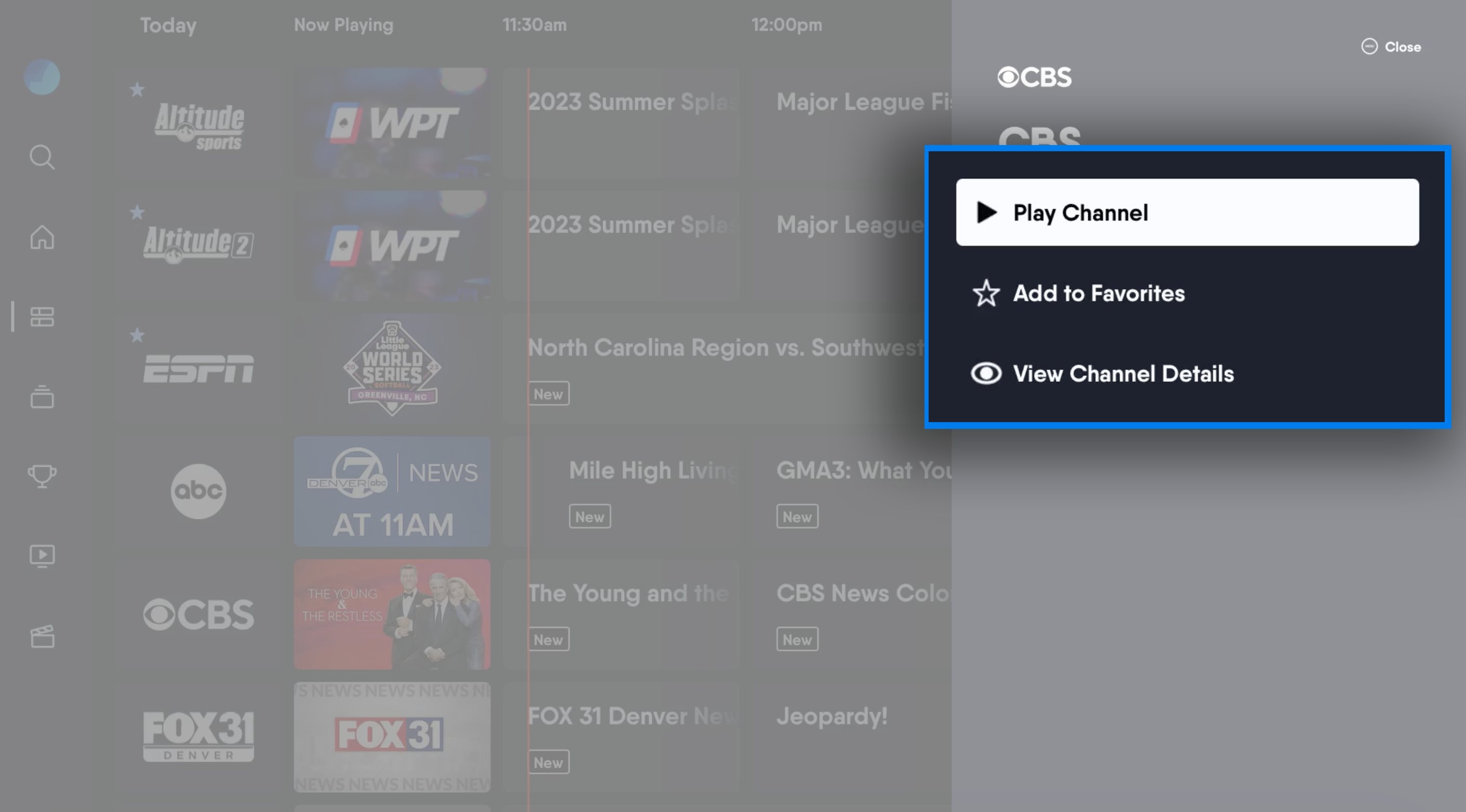 Channel context menu of the Fubo app with options to play a channel, add it to favorites, or view channel details