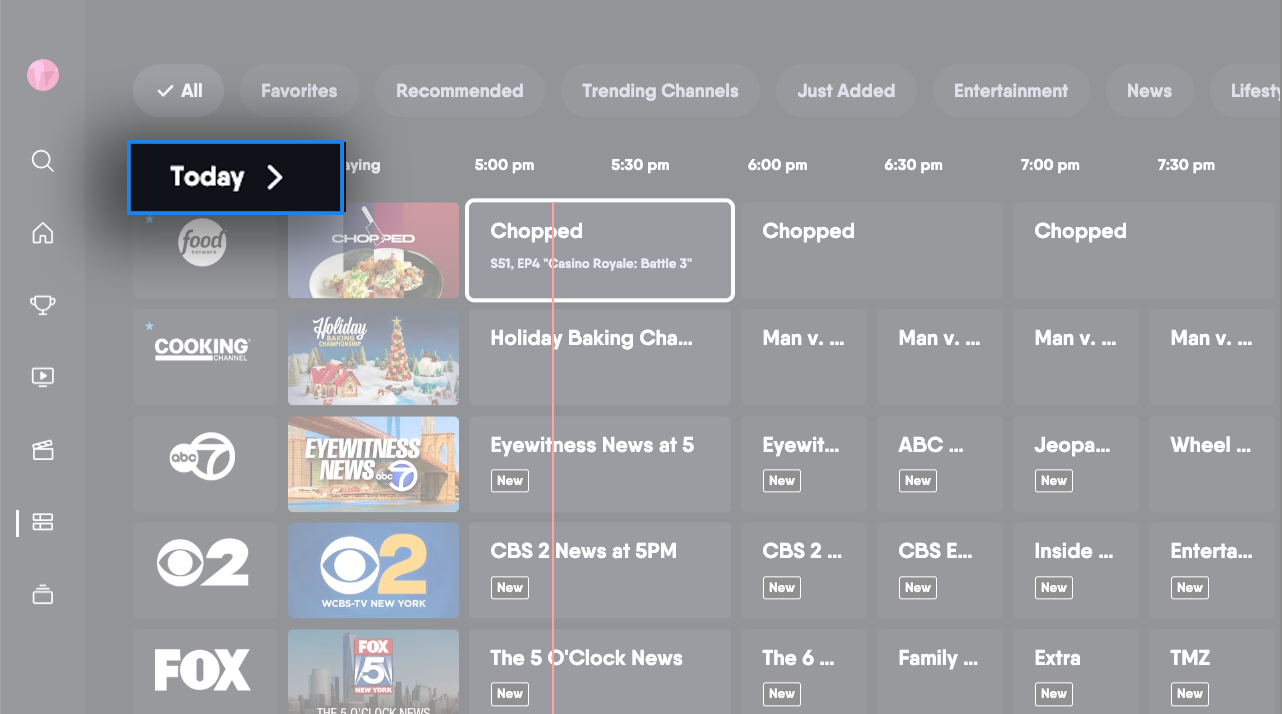 Channel guide of the Fubo app with calendar selection highlighted