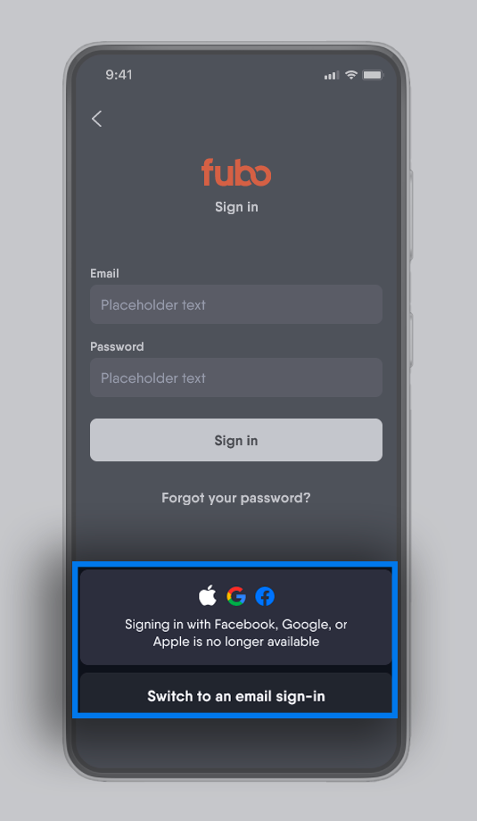 Social sign in options on the Fubo app are no longer supported