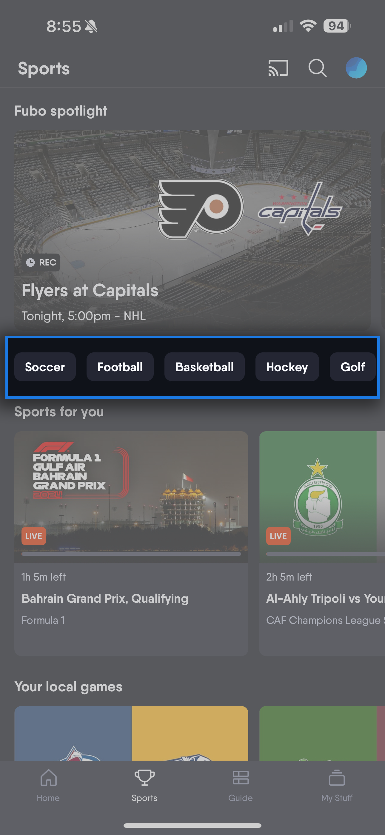 Sports main screen of the Fubo app on iOS