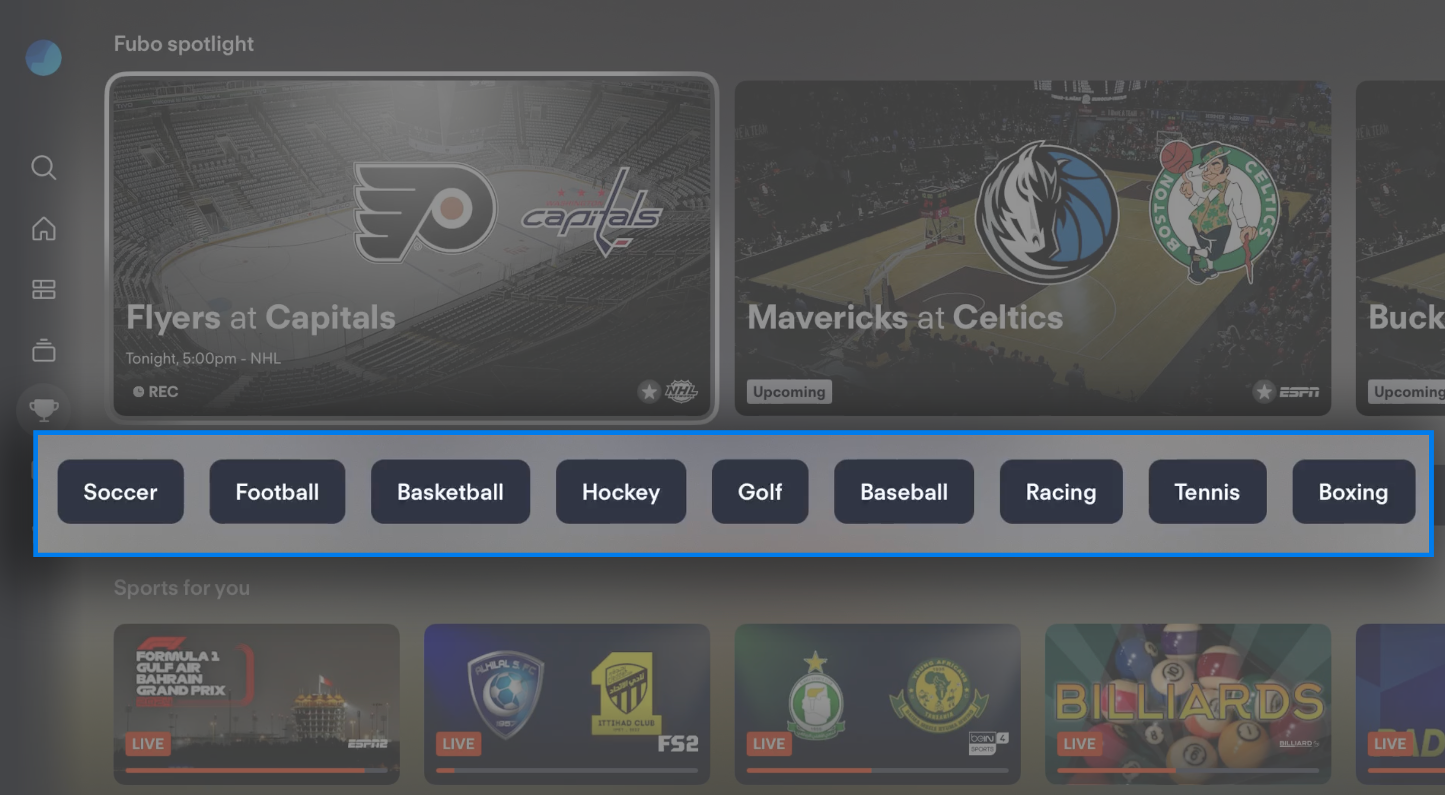 Sports screen of the Fubo app on tvOS; select a sport to view programming