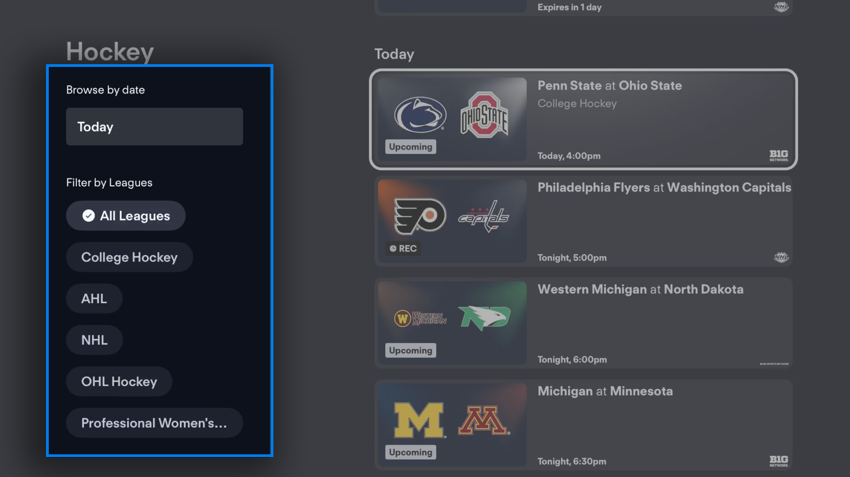 Sports screen of the Fubo app on tvOS; date and league filters highlighted