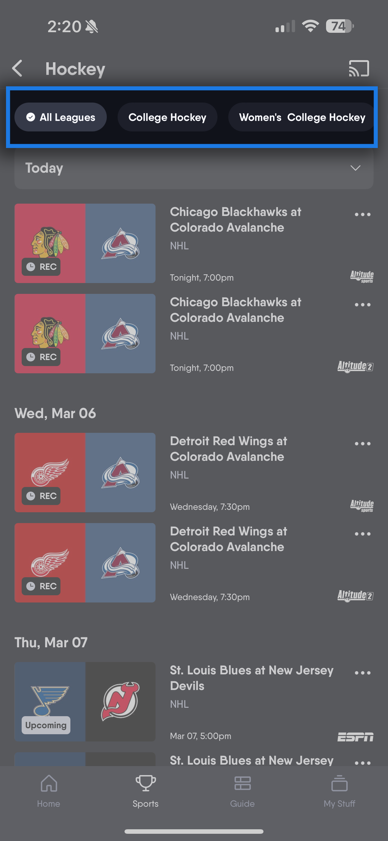 Hockey sports screen and league filters on the Fubo mobile app