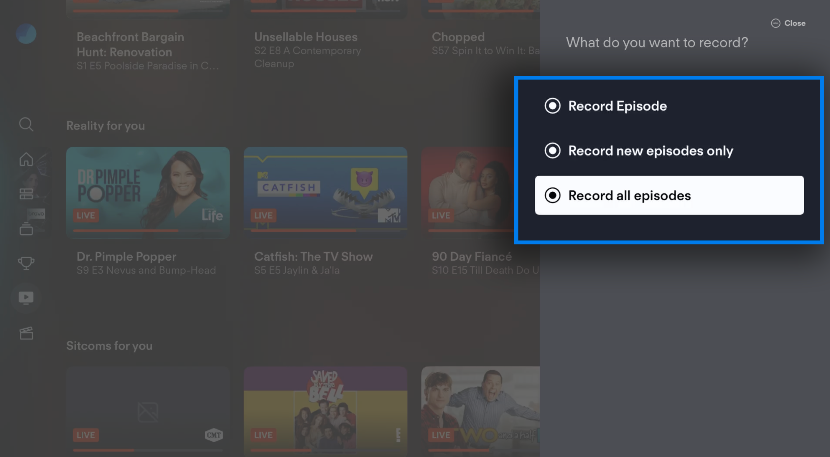 Series recording options from the Fubo app on a connected device