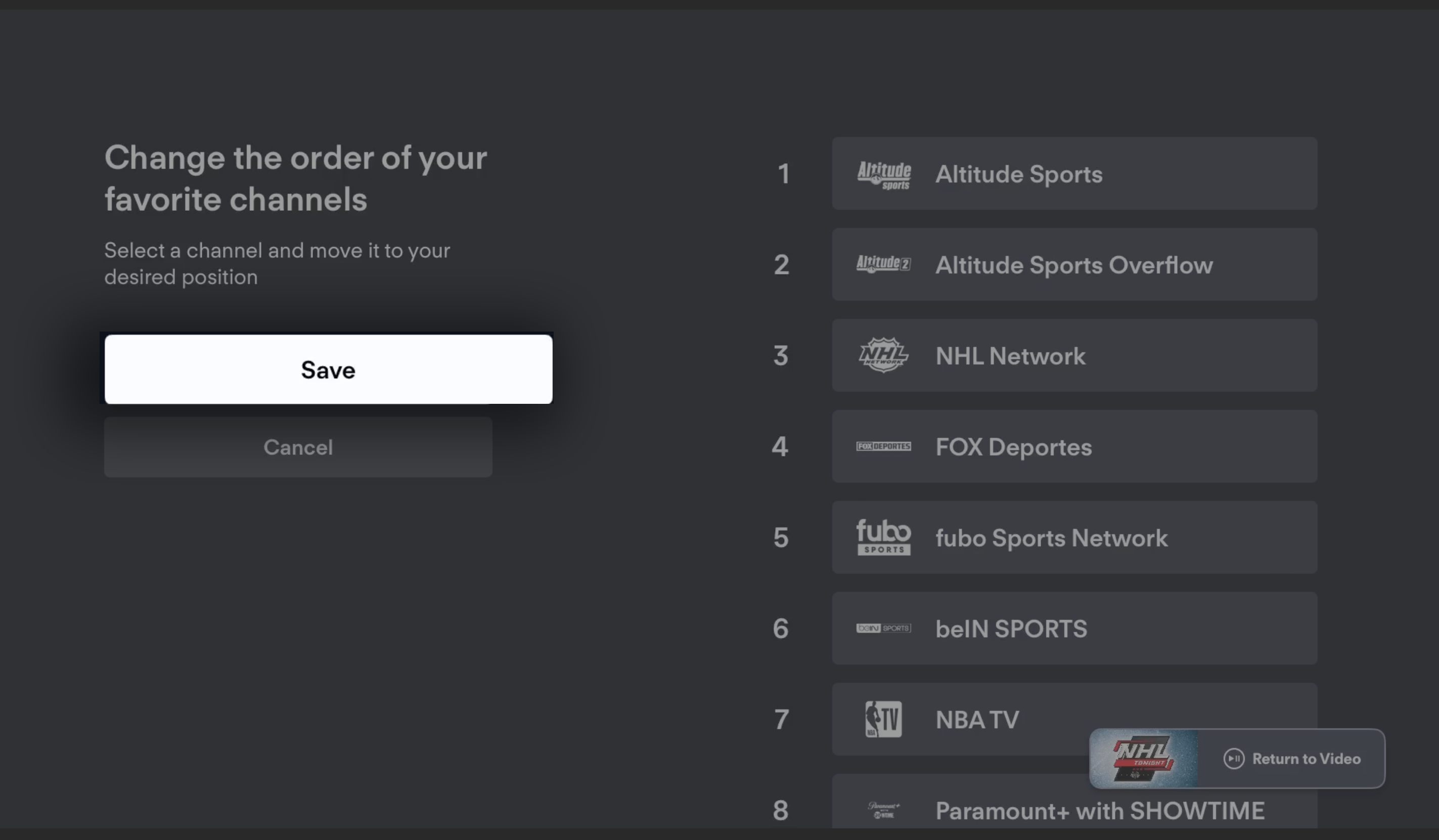 Save button for reordering favorite channels from the Fubo app on Apple TV