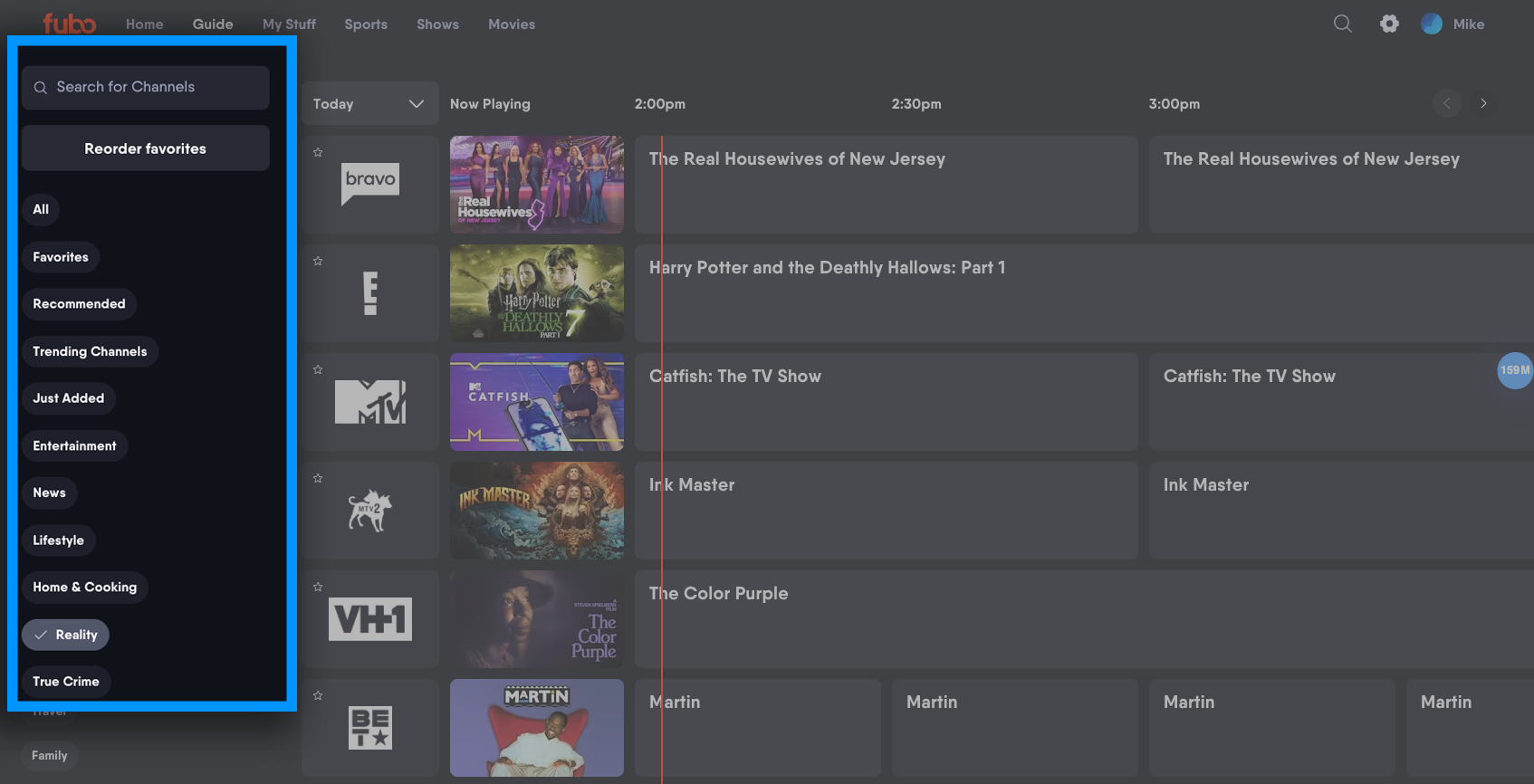 Available genre filters on the guide of the Fubo web app