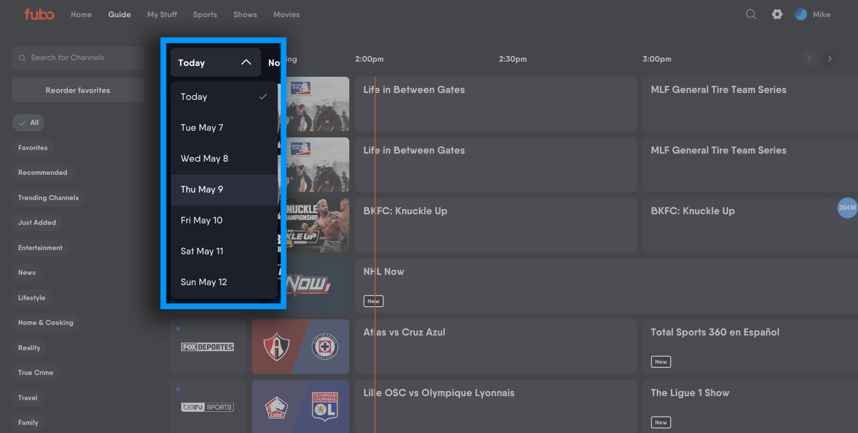 Date filters on the guide of the Fubo web app