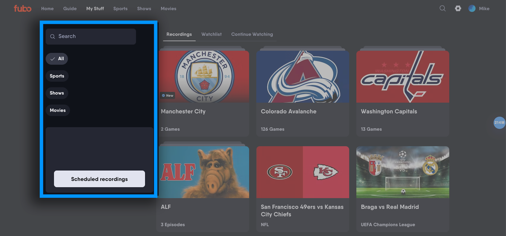 Recording filters and search field on the My Stuff page