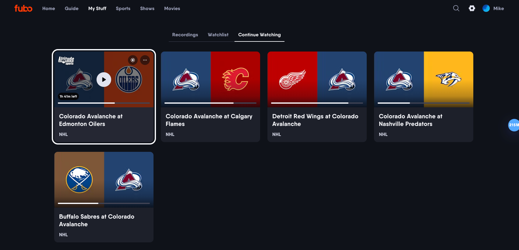 Continue watching screen of the My Stuff page with unfinished viewings