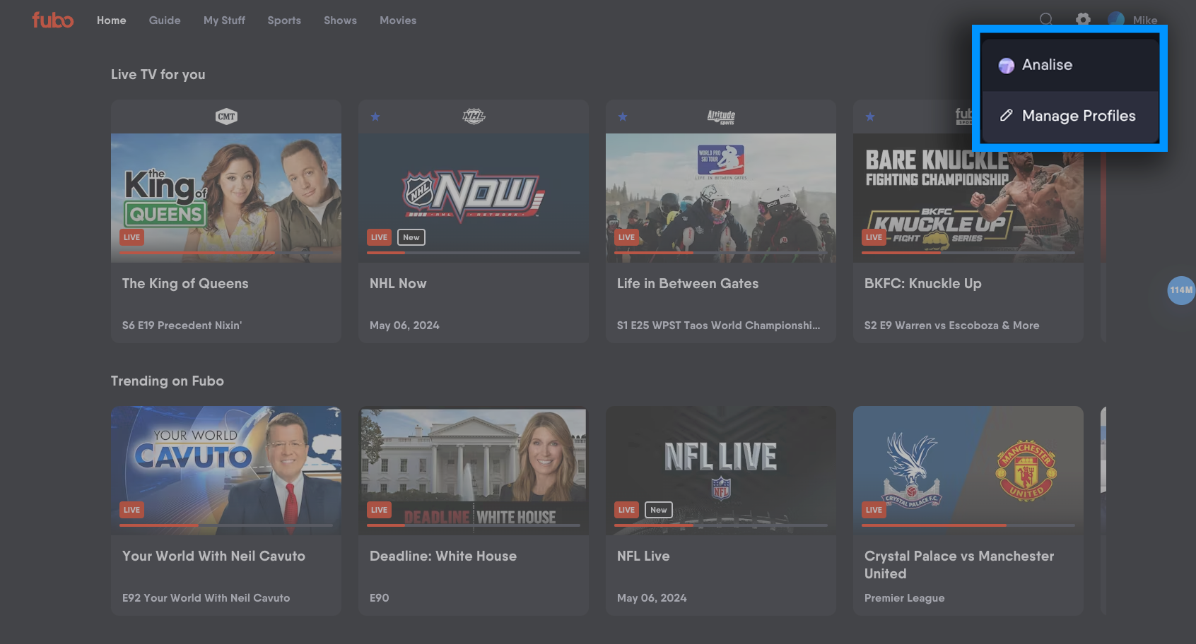 Available profile options drop-down of the Fubo web app