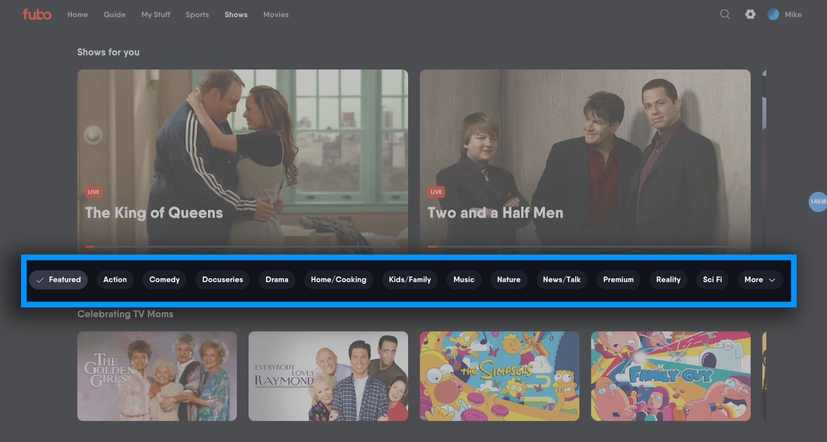Available filters on the Shows page of the Fubo web app