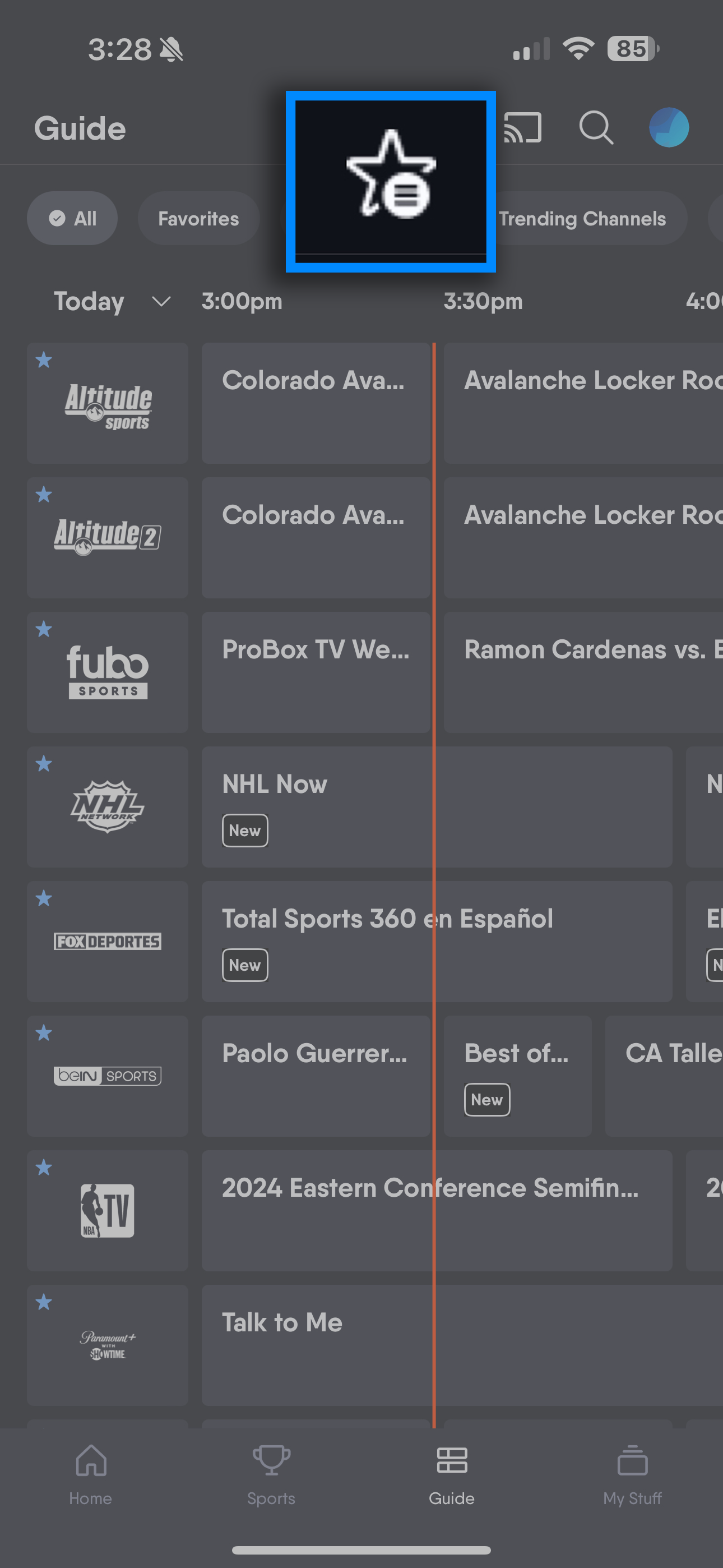 Reorder favorites icon at the top of the guide screen of the Fubo mobile app