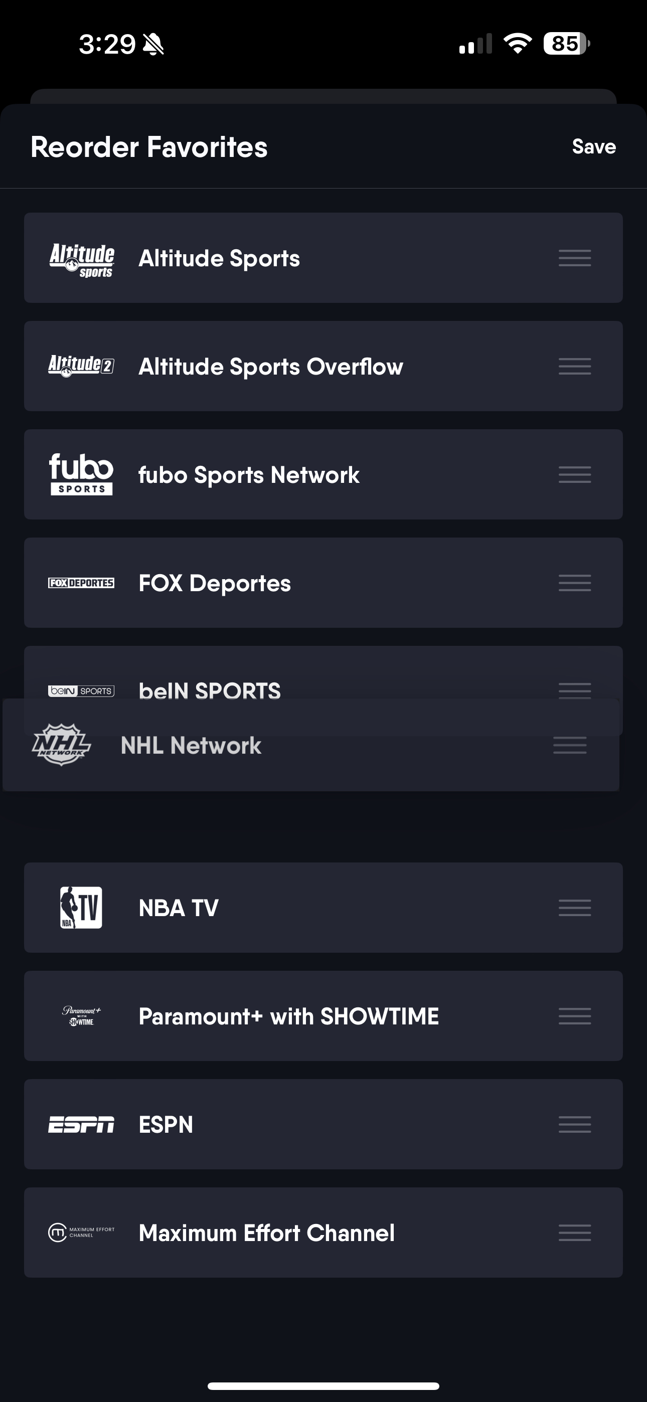 Reordering favorite channels by dragging the channel icon on the Fubo mobile app