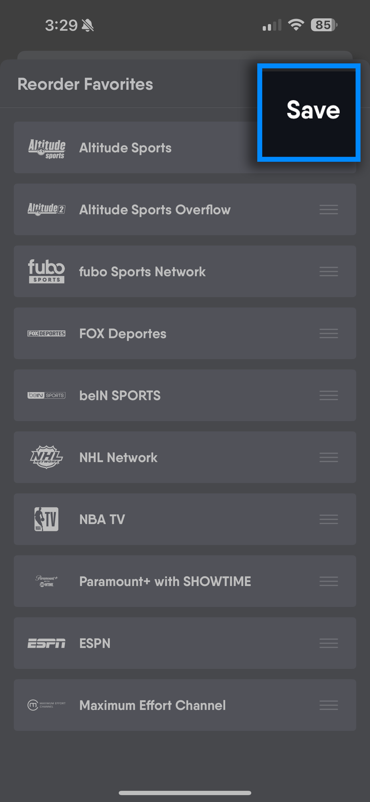 The save button to save reordered favorite channels on the Fubo mobile app