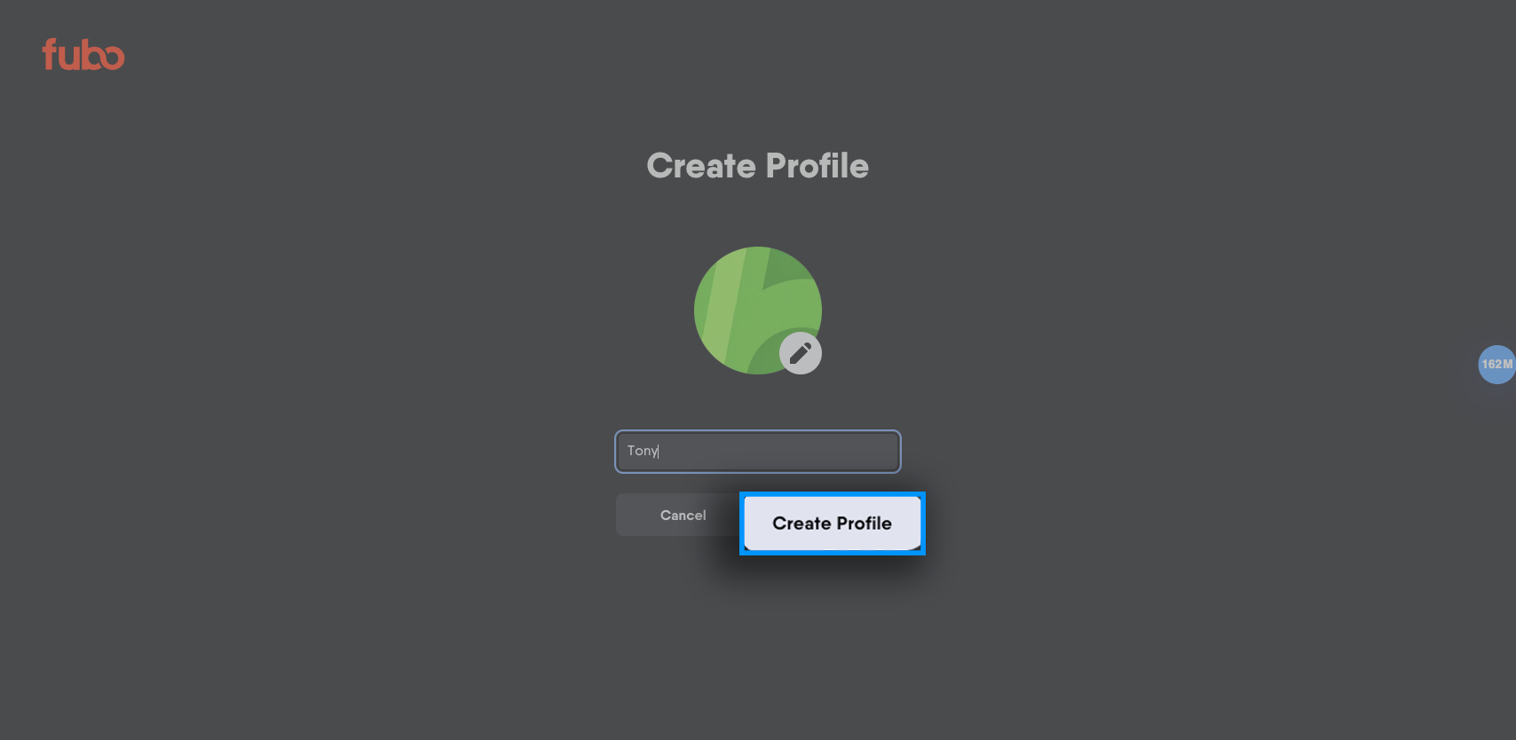 Profile creation screen of the Fubo web app