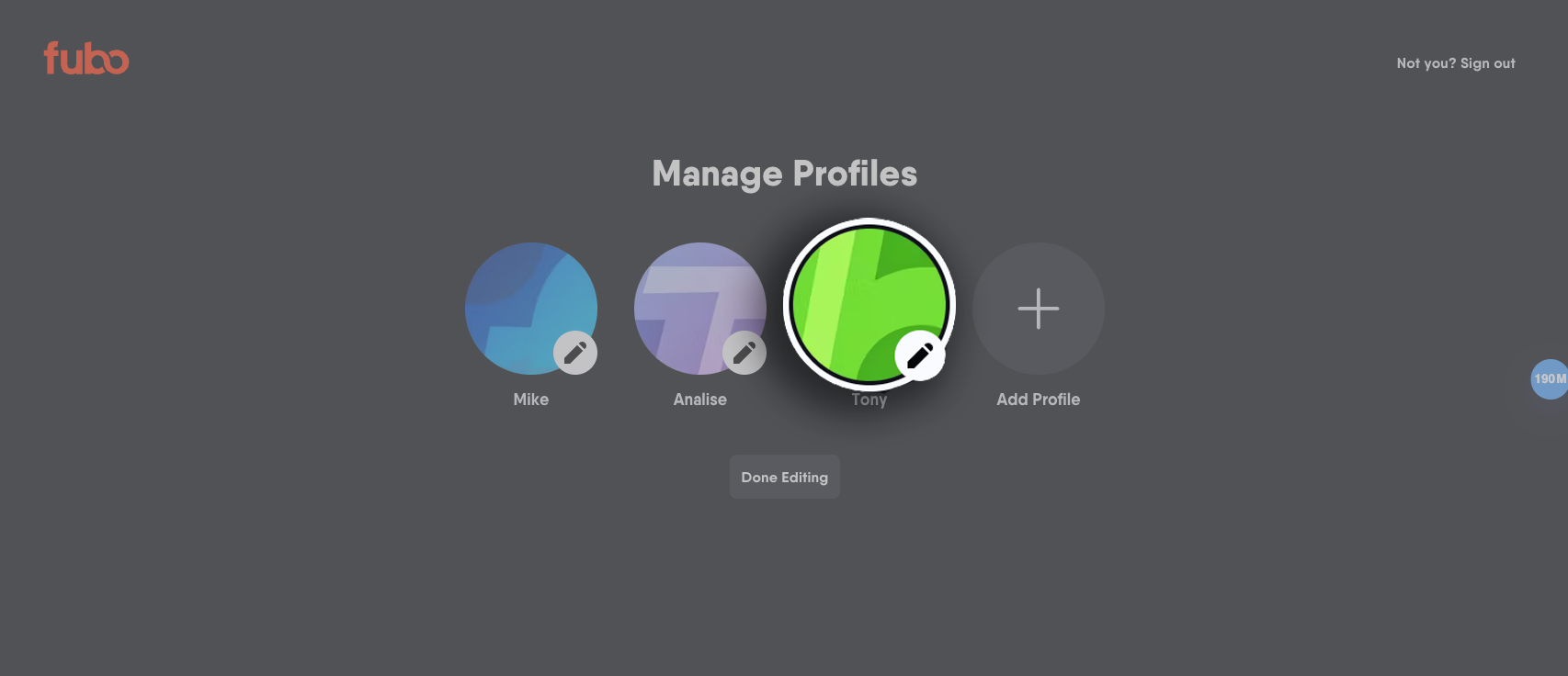 Edit profile selection screen of the Fubo web app