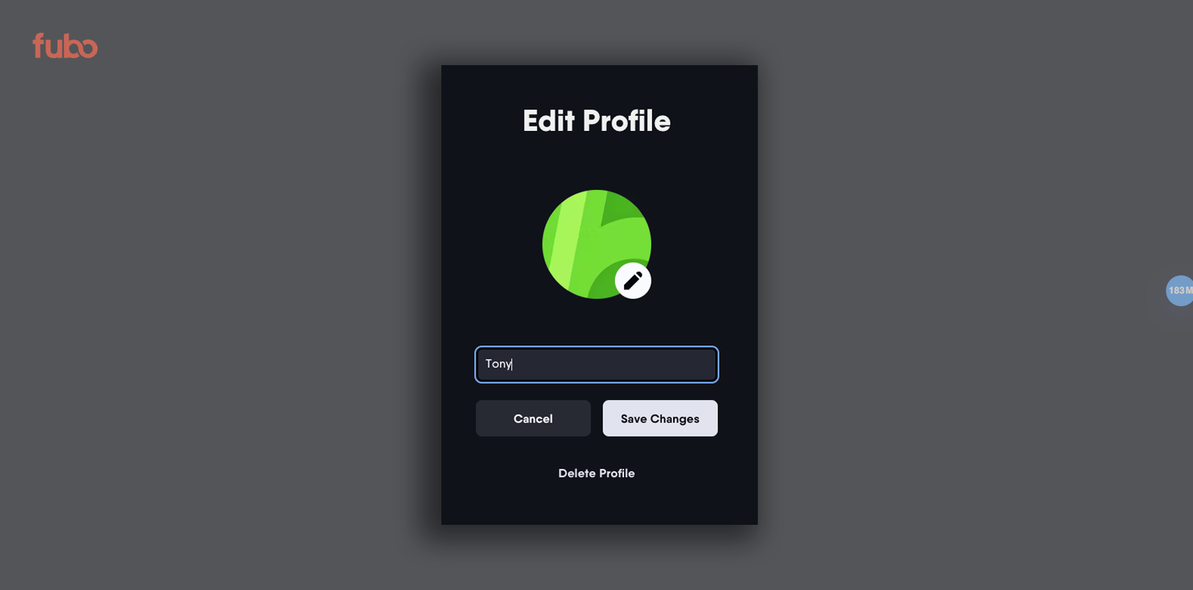 Edit profile screen of the Fubo web app; change your avatar color or name