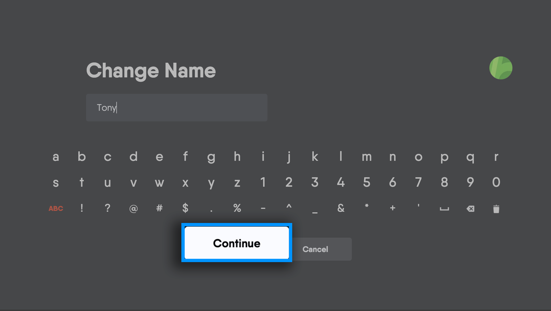 Naming a profile using the on-screen keyboard in the Fubo app