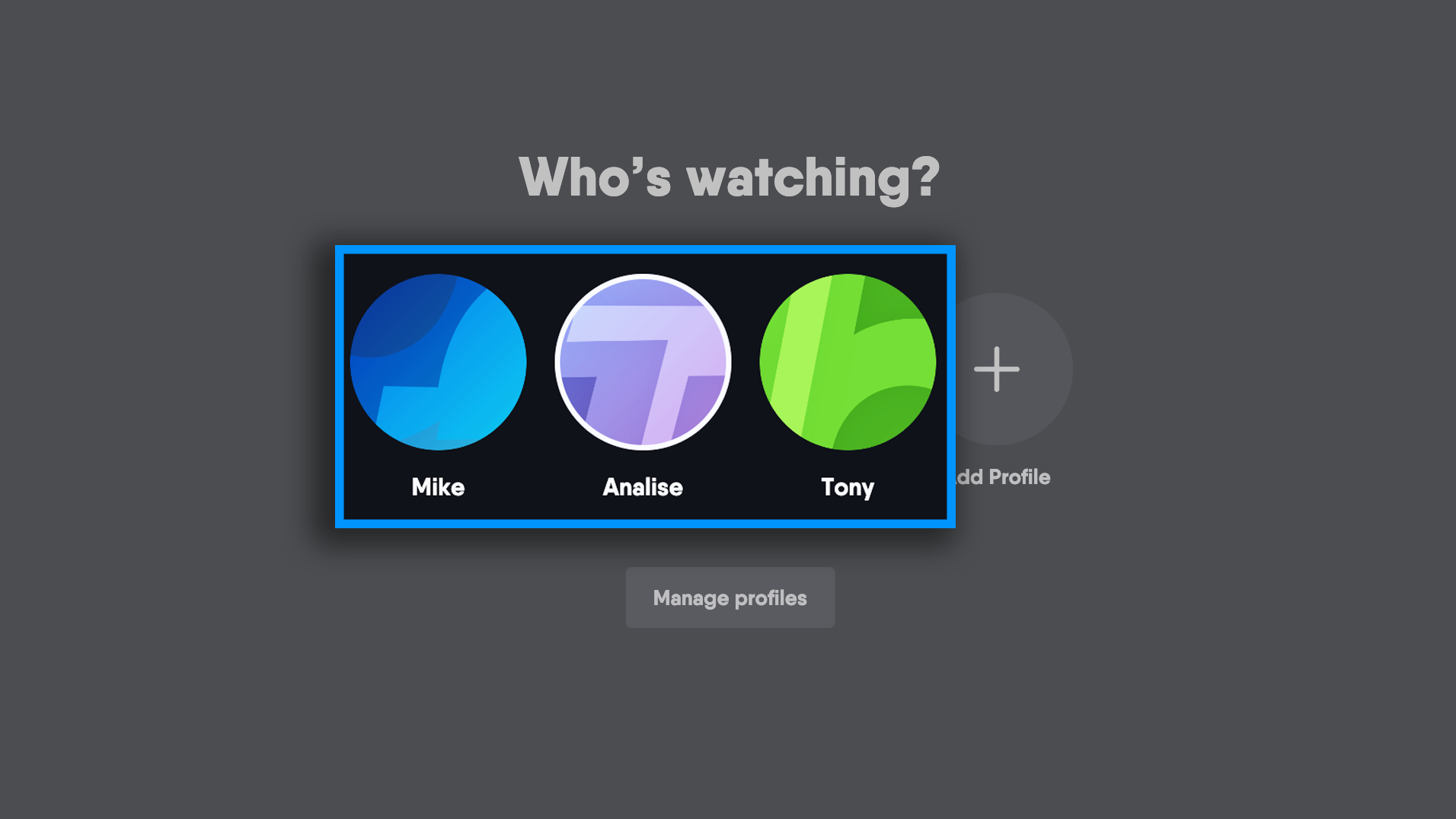 Who's Watching screen of the Fubo app with multiple profiles available