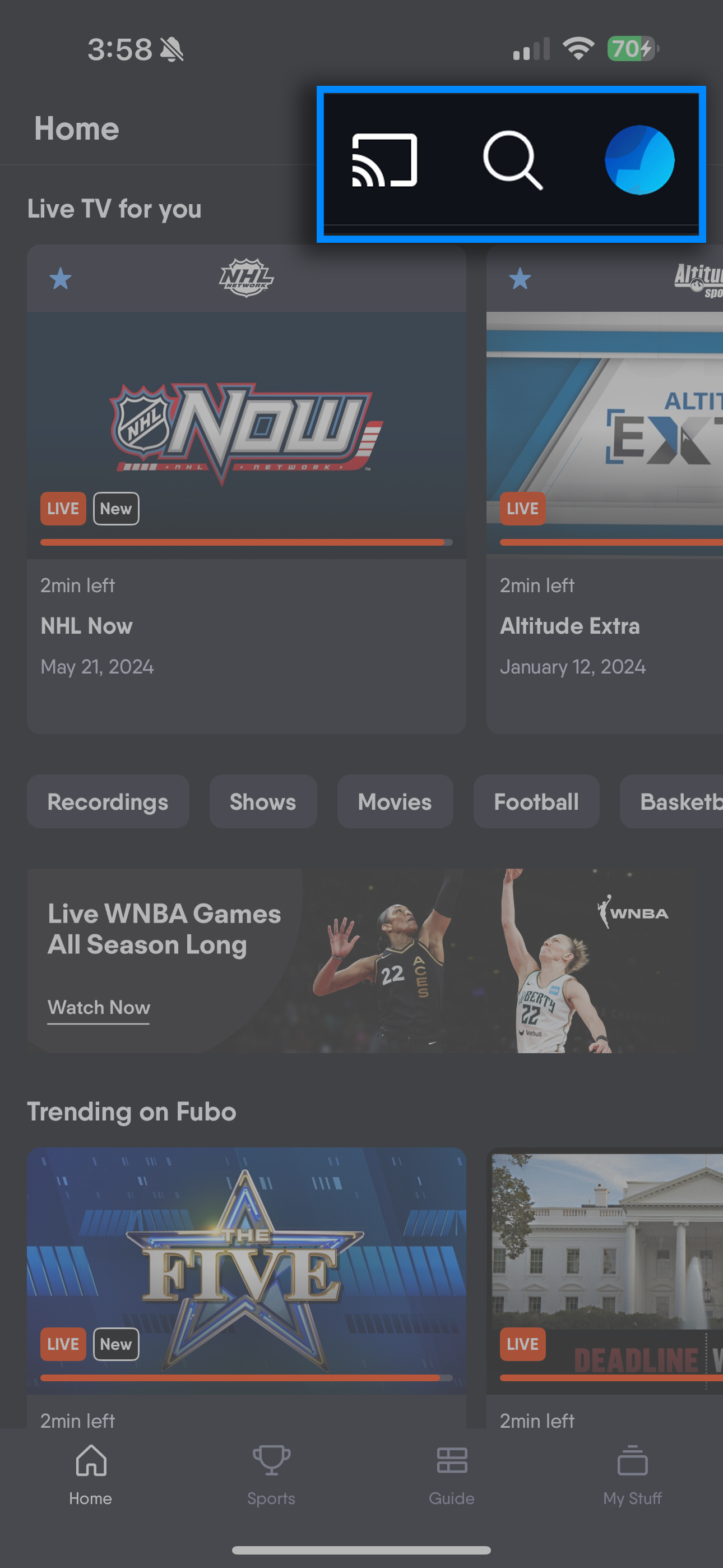 Profile avatar in the top corner of the Fubo mobile app