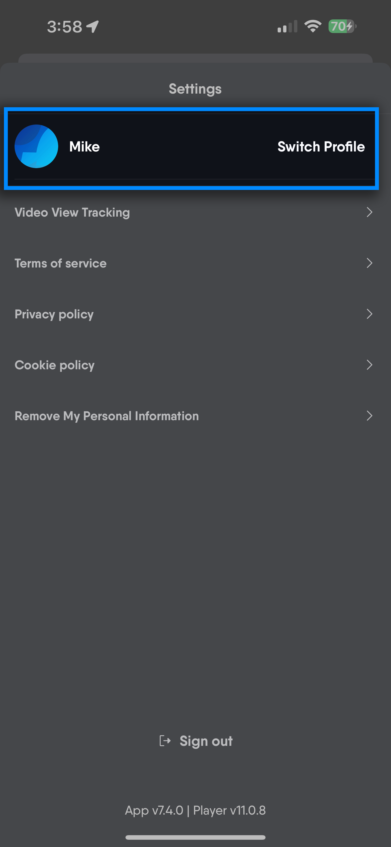 Profile management screen of the Fubo mobile app