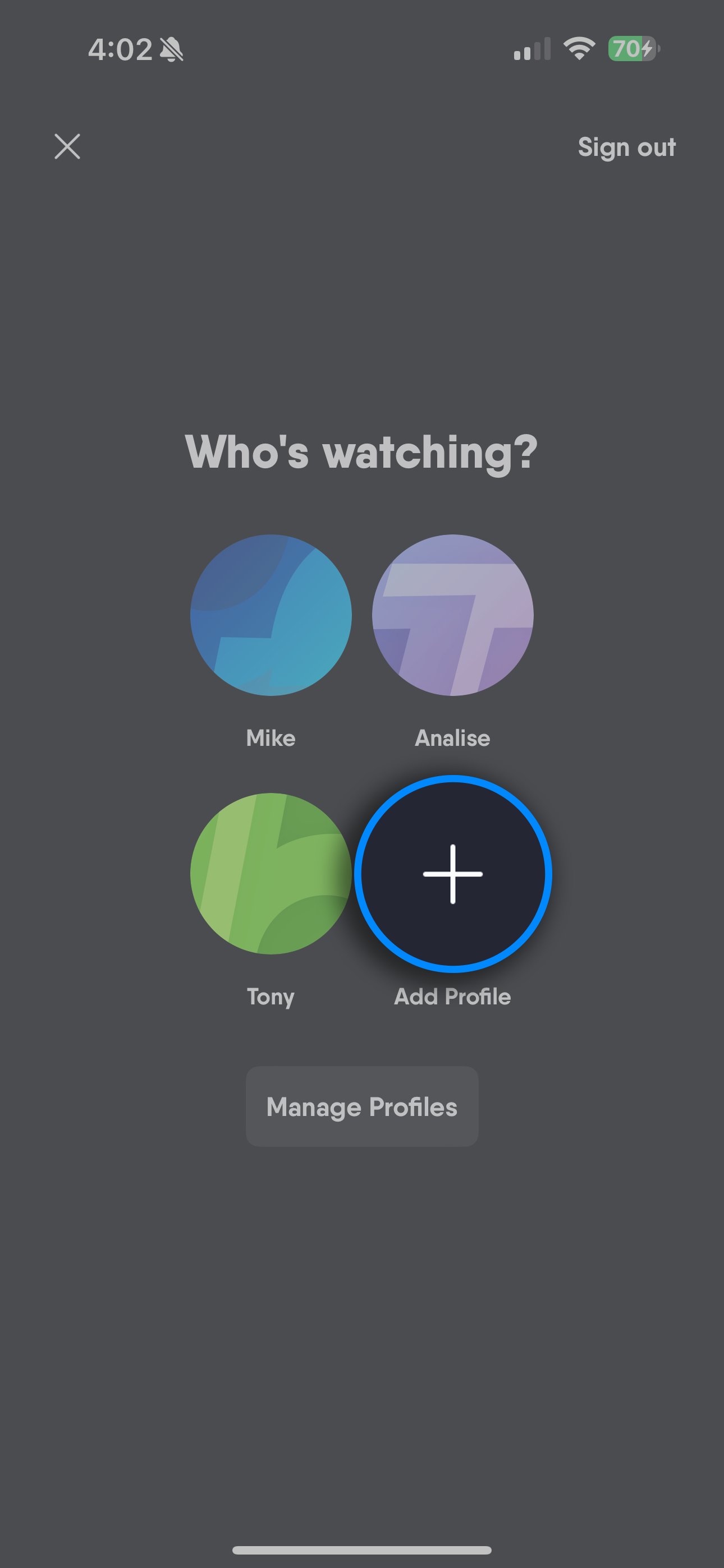 Available profiles with add option highlighted in the Fubo mobile app