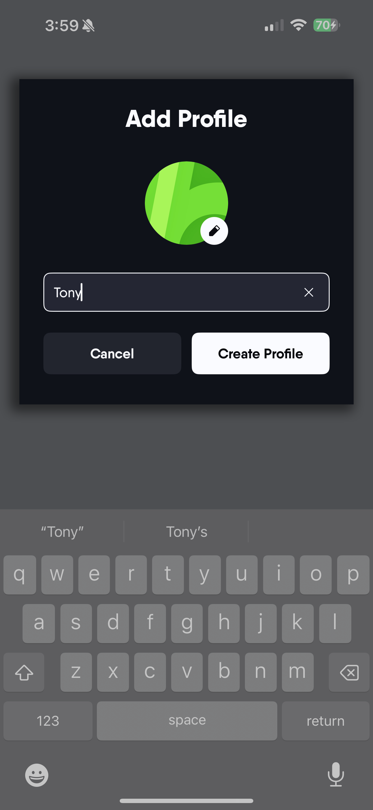 Adding a name to a new Fubo profile in the Fubo mobile app