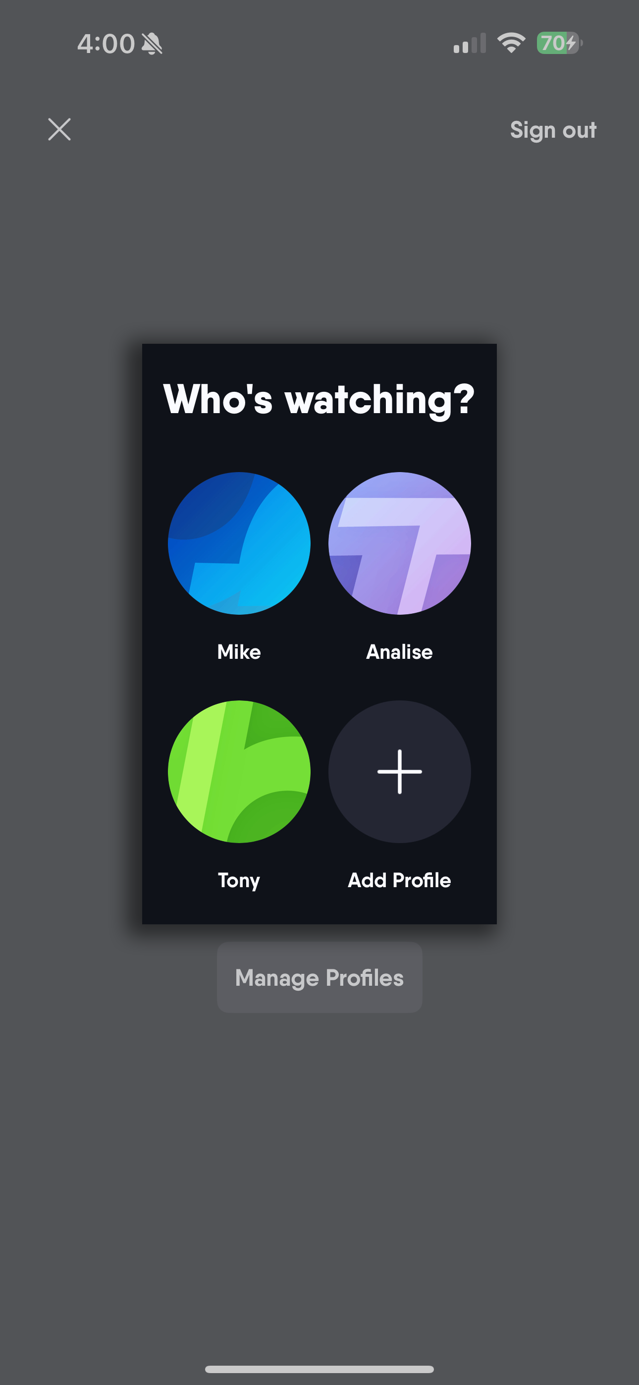 Available profiles for an account in the Fubo mobile app