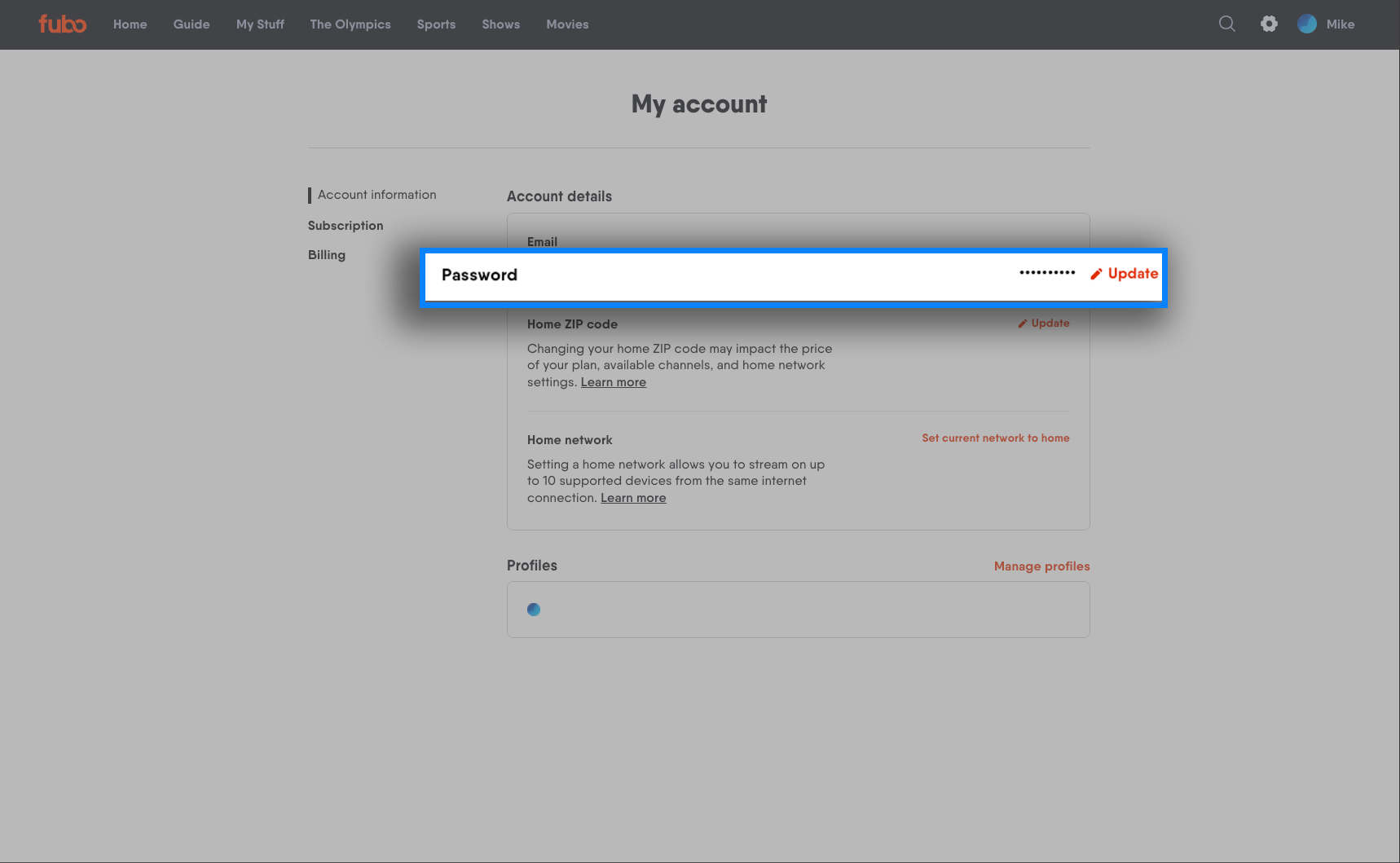 Account Details page of a Fubo account with the Update Password field shown