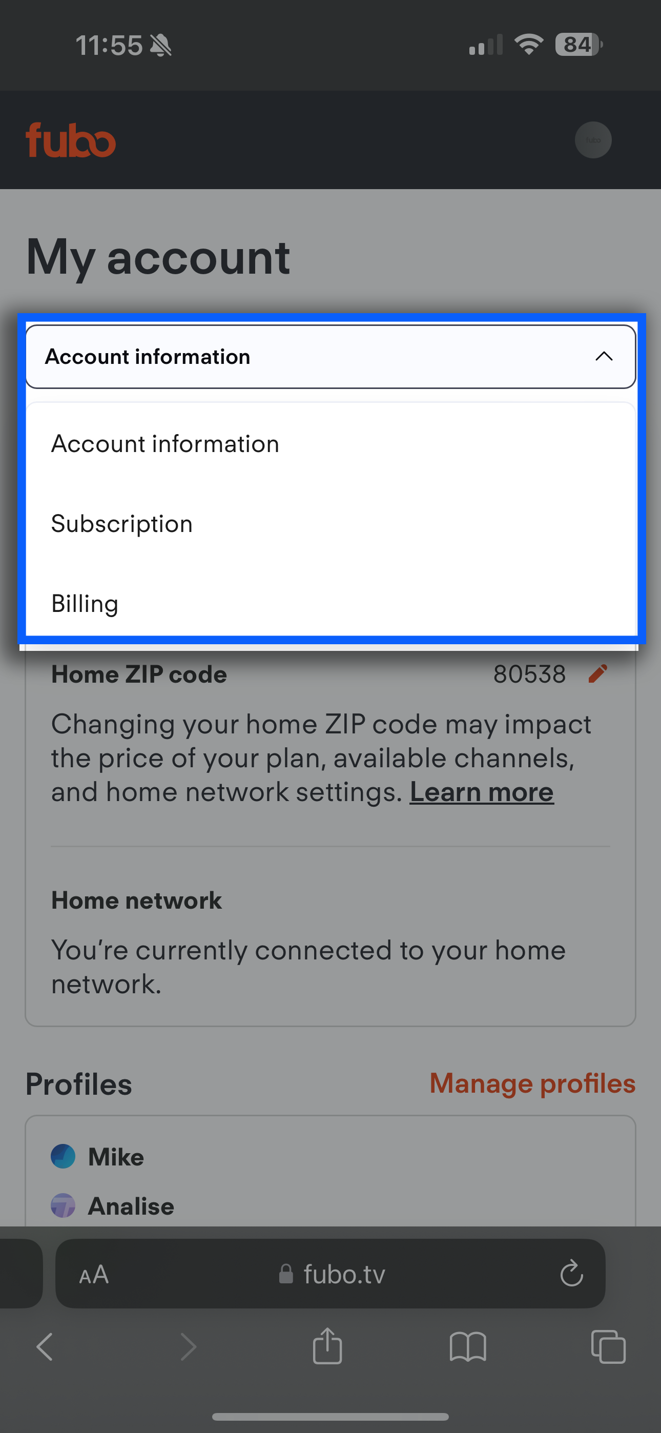 Option drop down of the My Account section of the Fubo website on a mobile device