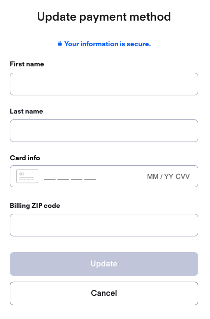 Card info entry screen of My Account on the Fubo website