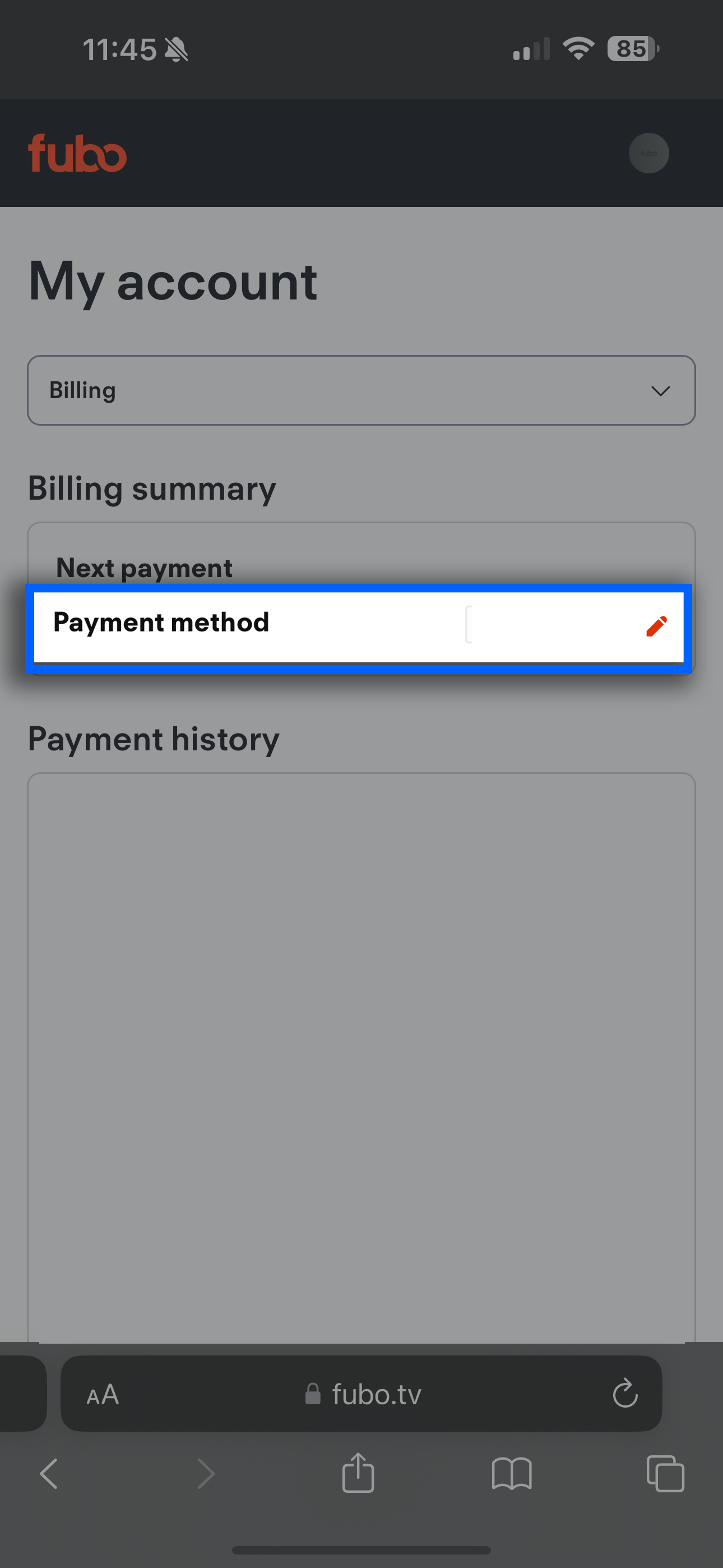 Payment method field with update icon, shown as an orange pencil