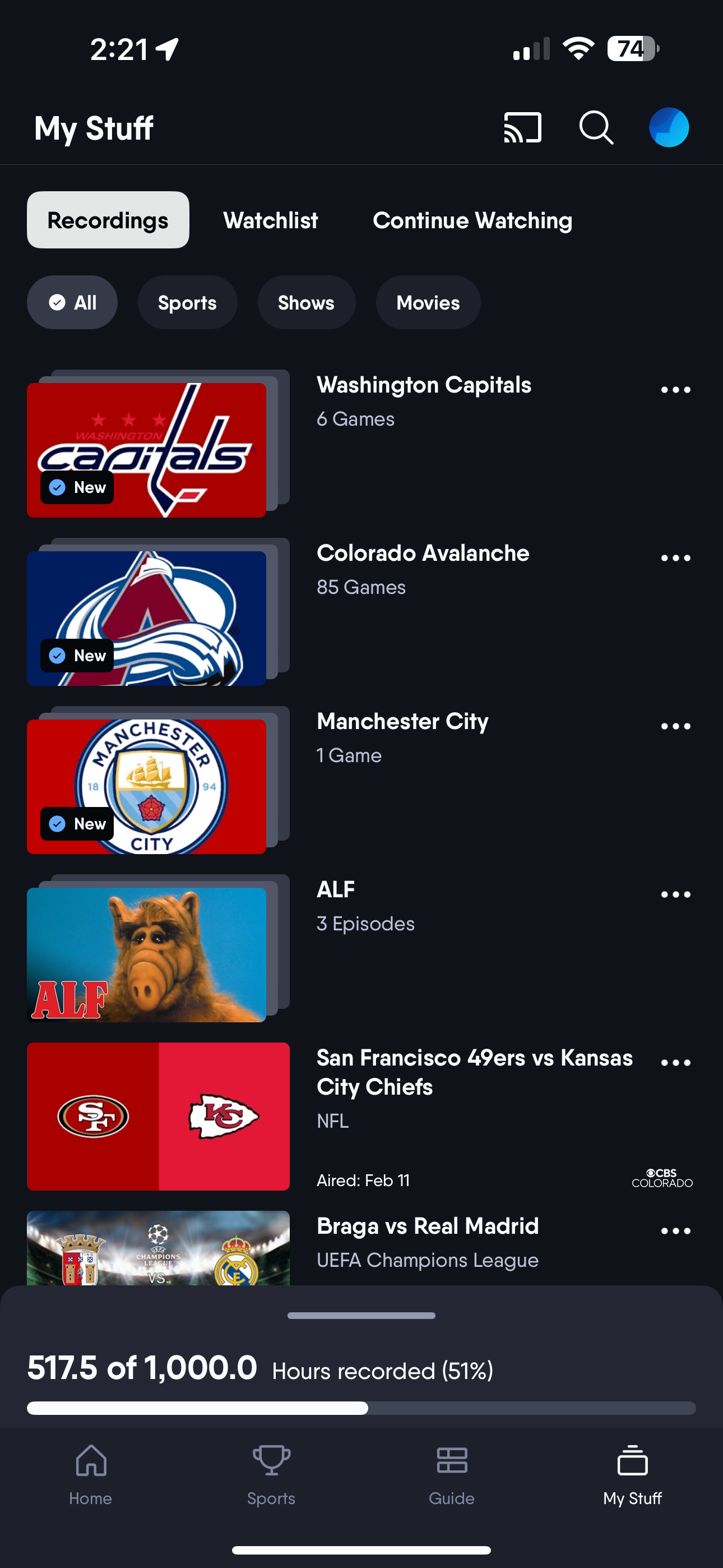 RECORDED screen of the Fubo app on iOS with previously-recorded programming shown