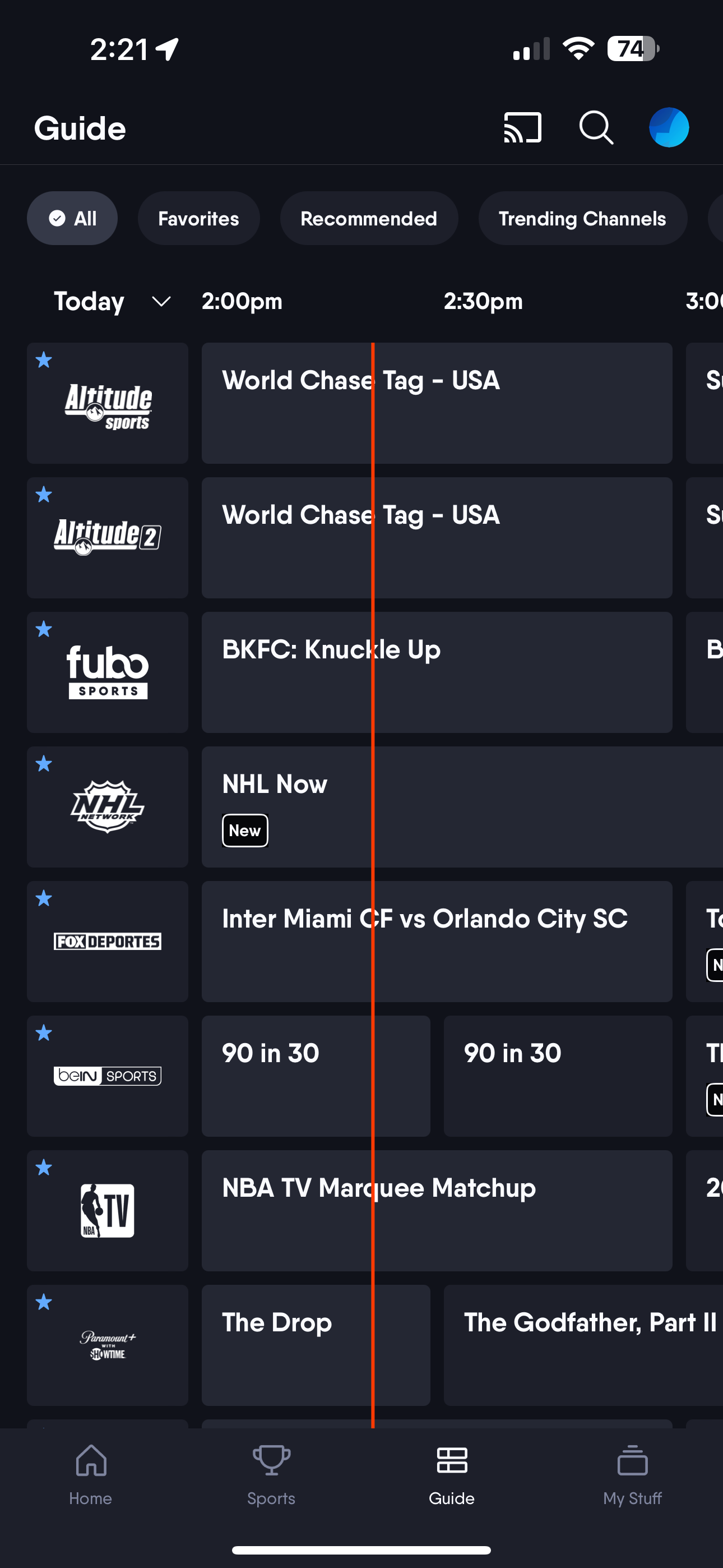 Main guide screen of the Fubo app on iOS