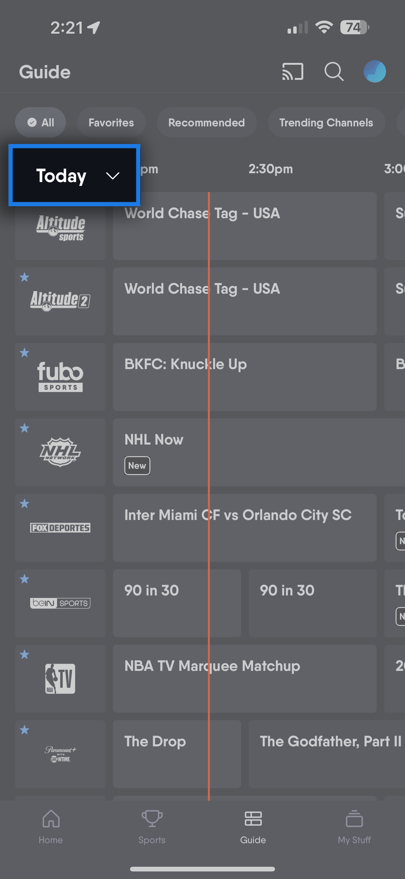 Guide date filter on the Fubo mobile app