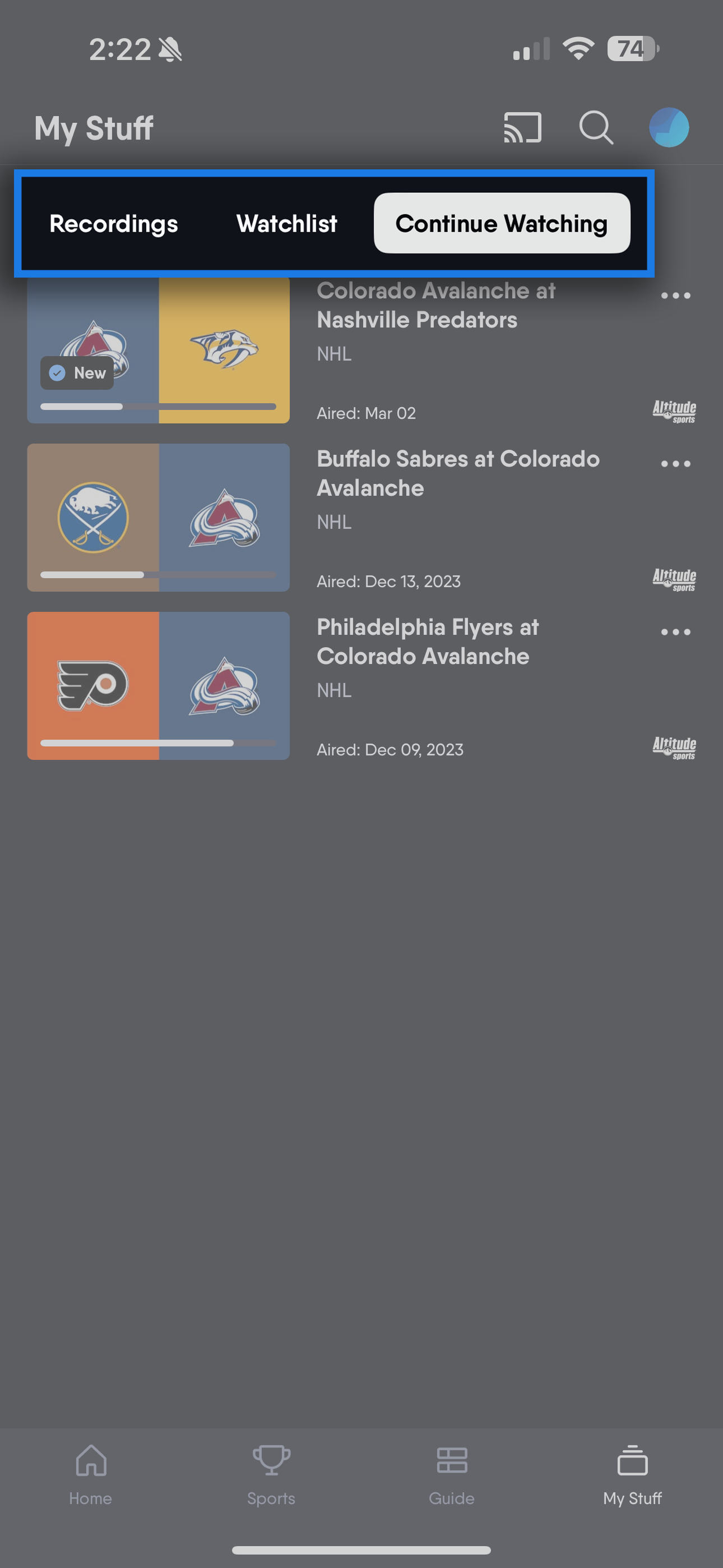 Continue Watching screen showing previously viewed but unfinished recordings on the Fubo mobile app