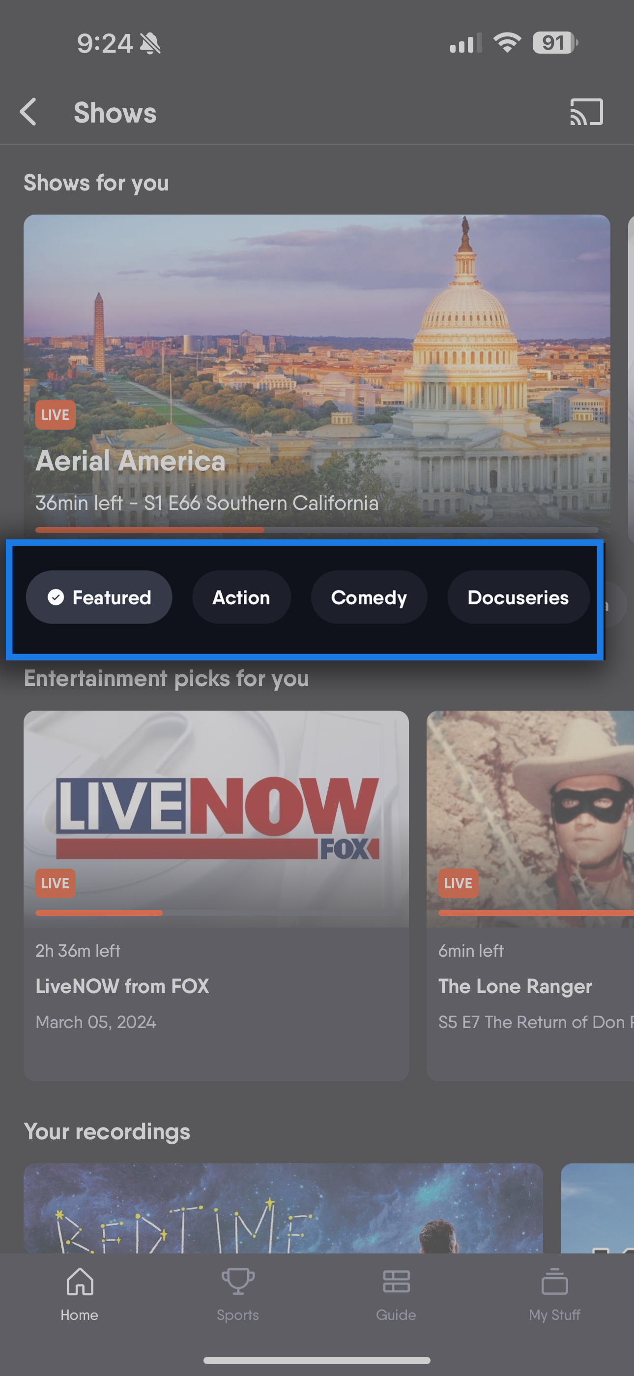 Shows page of the Fubo mobile app showing available filters