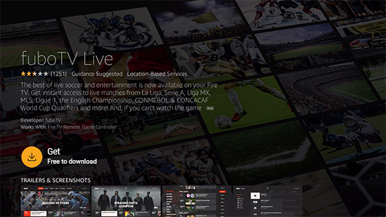 FuboTV app information screen on Amazon Fire TV with GET button highlighted