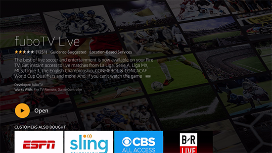 FuboTV app information screen on Amazon Fire TV with the app downloaded; the GET button has changed to say OPEN