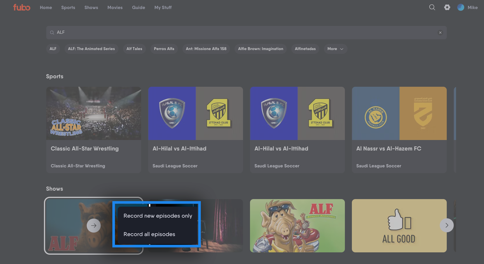 Options to record a series or individual episode of a series in the Fubo website app