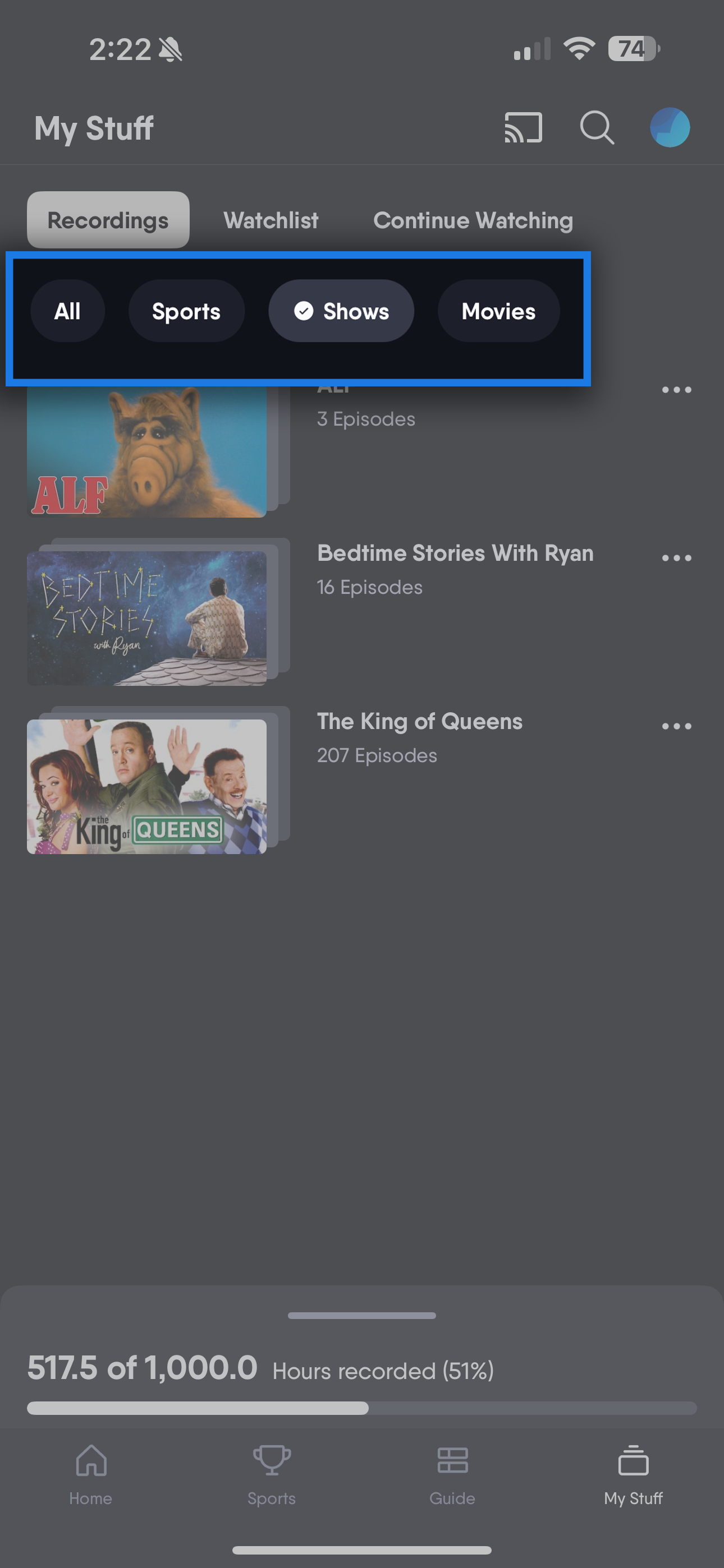 My Stuff on the Fubo mobile app showing available filters for recorded programming types