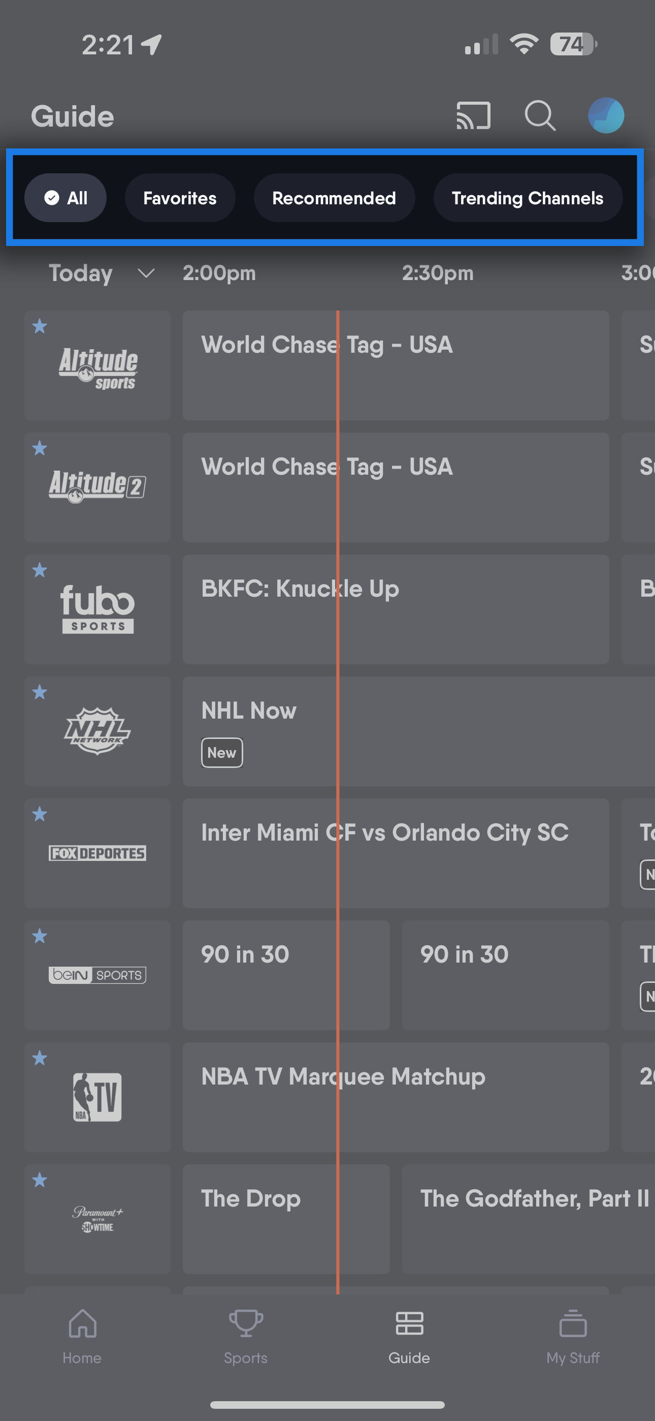 Guide genre filters on the Fubo mobile app