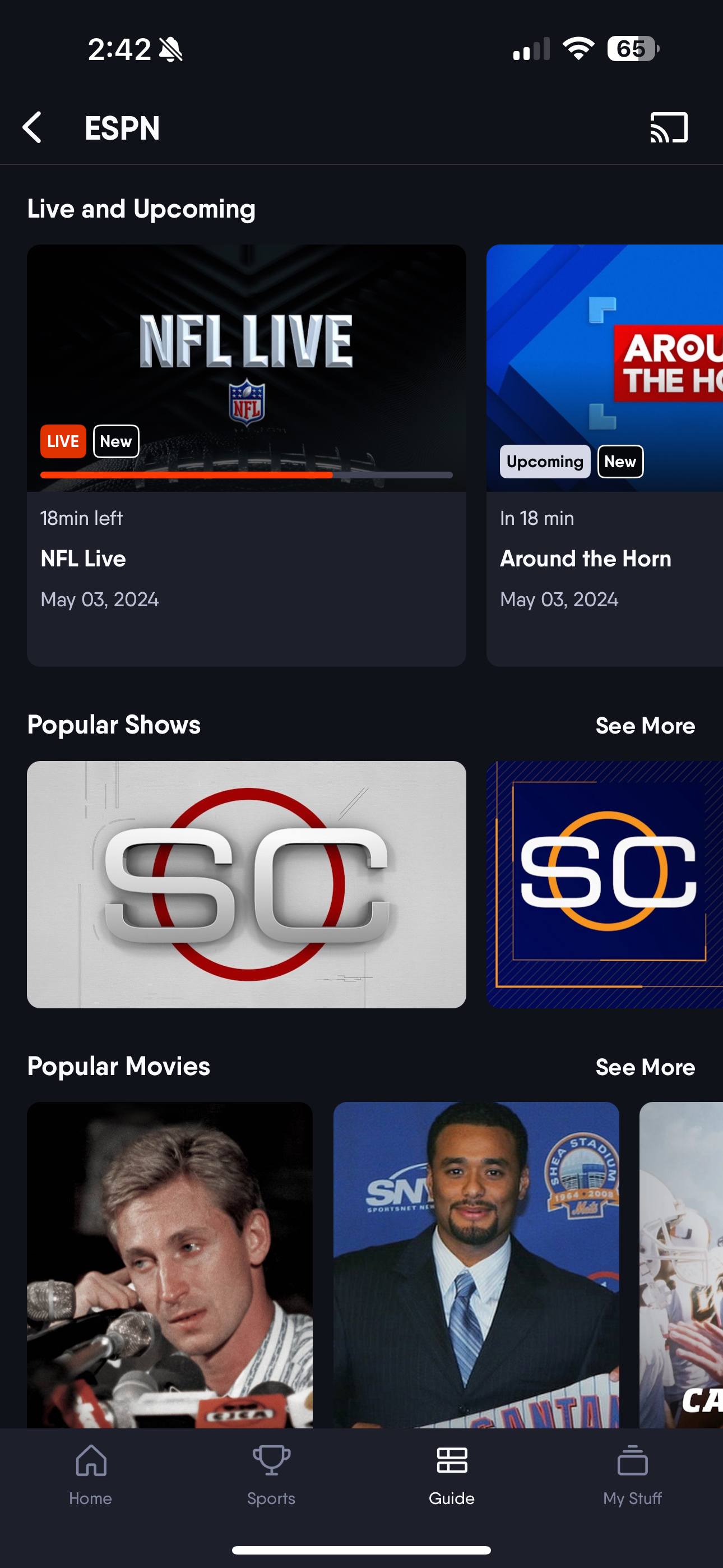 Channel details screen of the Fubo mobile app; Live and Upcoming shows an individual schedule, and on-demand programming is below
